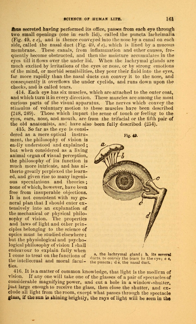 IhuB secreted having performed its office, passes from each eye through two small opeiiings (one in each lid), called the puncta lachrimalia (Fig. 49, c e), and is thence conveyed into the nose by a canal on each side, called the nasal duct (Fig. 49, d e), which is lined by a mucous membrane. These canals, 1'rom inflammation and other causes, fre- quently become obstructed, and then the moisture accumulates in the eyes till it flows over the under lid. When the lachrymal glands are much excited by irritations of the eyes or nose, or by strong emotions of the mind, or morbid sensibilities, they pour their fluid into the eyes, far more rapidly than the nasal ducts can convey it to the nose, and consequently it overflows the under eyelids, and runs down upon the cheeks, and is called tears. 414. Each eye has six muscles, which are attached to the outer coat, and which turn it in every direction. These muscles are among the most curious parts of the visual apparatus. The nerves which convey the stimulus of voluntary motion to these muscles ha7e been described (248, 249). Those which impart the sense of touch or feeling to the eyes, ears, nose, and mouth, are from the trifacial or the fifth pair of the old anatomists, and have also been fully described (254). 415. So far as the eye is consi- Fig. 49. dered as a mere optical instru- ment, the philosophy of vision is ea.-ily understood and explained; but when considered as a living animal organ of visual perception, the philosophy of its function is much more intricate, and has ni- therto greatly perplexed the learn- ed, and given rise to many ingeni- ous speculations and theories; none of which, however, have been free from insuperable objections. It is not consistent with my ge- neral plan that I should enter ex- tensively into an explanation of the mechanical or physical philo- sophy of vision. The properties and laws of light and other prin- ciples belonging to the science of optics must be studied elsewhere; but the physiological and psycho- logical philosophy of vision I shall endeavour to explain fully when I come to treat on the functions of the intellectual and moral facul- ties. 416. It is a matter of common knowledge, that light is the medium of vision. If any one will take one of the glasses of a pair of spectacles of considerable magnifying power, and cut a hole in a window-shutter, ju»t large enough to receive the glass, then close the shutter, and ex- clude all light from the room, except what passes through the spectacle glass, if the sun i& shining brightly, the rays of light will be seen in the a, the lachrymal gland; b, its several ducts, to convey the tears to the eye; c c, the puncta; d e, the nasal duct.