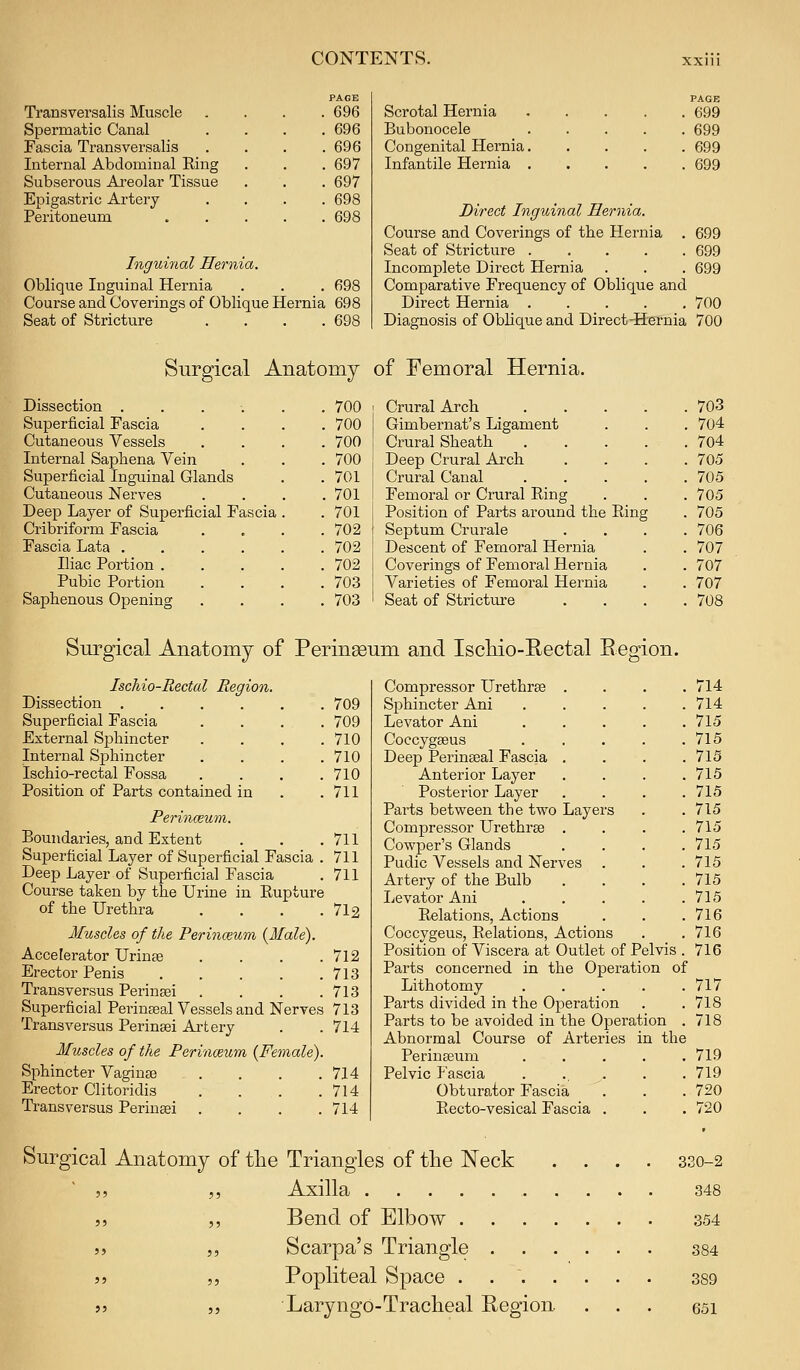 Transversalis Muscle Spermatic Canal Fascia Transversalis Internal Abdominal Ring Subserous Ai-eolar Tissue Epigastric Artery Peritoneum PAGE 696 , 696 . 696 . 697 . 697 , 698 , 698 Inguiyial Hernia, Oblique Inguiual Hernia . . . 698 Course and Coverings of Oblique Hernia 698 Seat of Stricture . . . .698 Scrotal Hernia Bubonocele Congenital Hernia. Infantile Hernia . PAGE . 699 . 699 . 699 . 699 Direct Inguinal Hernia. Course and Coverings of the Hernia . 699 Seat of Stricture 699 Incomplete Direct Hernia . . . 699 Comparative Frequency of Oblique and Direct Hernia 700 Diagnosis of Oblique and Direct-Hernia 700 Surgical Anatomy of Femoral Hernia. Dissection .... . 700 Crural Arch . 703 Superficial Fascia . 700 Gimbernat's Ligament . 704 Cutaneous Vessels . 700 Crural Sheath . 704 Internal Sapliena Vein . 700 Deep Crural Arch . 705 Superficial Inguinal Glands . 701 Crural Canal . 705 Cutaneous Nerves . 701 Femoral or Crural Ring . 705 Deep Layer of Superficial Fascia . 701 Position of Parts around the Ring . 705 Cribriform Fascia . 702 Septum Crurale . 706 Fascia Lata .... . 702 Descent of Femoral Hernia . 707 Iliac Portion . . 702 Coverings of Femoral Hernia . 707 Pubic Portion . 703 Varieties of Femoral Hernia . 707 Saphenous Opening . 703 Seat of Stricture . 708 Surgical Anatomy of Perinseum and IscMo-Rectal Region. Ischio-Rectal Region. Dissection . Superficial Fascia External Sphincter Internal Sphincter Ischio-rectal Fossa Position of Parts contained in 709 709 710 710 710 711 Perinceum. Boundaries, and Extent . . .711 Superficial Layer of Superficial Fascia . 711 Deep Layer of Superficial Fascia . 711 Course taken by the Urine in Rupture of the Urethra . . . .712 Muscles of the Perinceum {Male). Accelerator Urinee .... 712 Erector Penis 713 Transversus Perinsei . . . .713 Superficial Perinseal Vessels and Nerves 713 Transversus Perinaei Artery . . 714 Muscles of the Perinceum {Female). Sphincter Vaginae . . . .714 Erector Clitoridis . . . .714 Transversus Perin^i . . . .714 Surgical Anatomy of the Triangles of the Neck .... 320-2 ,, Axilla 348 ,, Bend of Elbow 354 J, Scarpa's Triangle 384 „ Popliteal Space . 389 „ Laryngo-Traclieal Region. ... esi Compressor Urethrse . . 714 Sphincter Ani . 714 Levator Ani . 715 CoccygEeus . 715 Deep Perinseal Fascia , . 715 Anterior Layer . 715 Posterior Layer . 715 Parts between the two Layers . 715 Compressor Urethree . . 715 Cowper's Glands . 715 Pudic Vessels and Nerves . 715 Artery of the Bulb . 715 Levator Ani . 715 Relations, Actions . 716 Coccygeus, Relations, Actions . 716 Position of Viscera at Outlet of P 3lvis. 716 Parts concerned in the Operati on of Lithotomy . 717 Parts divided in the Operation . 718 Parts to be avoided in the Operat ion . 718 Abnormal Course of Arteries i n the Perinseum . 719 Pelvic Fascia . 719 Obturator Fascia . 720 Recto-vesical Fascia . . 720