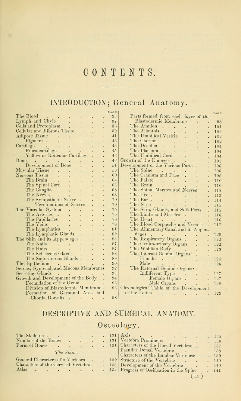 CONTENTS. INTRODUCTION; General Anatomy. The Blood PASB So Lymph and Chyle 37 Cells and Protoplasm 38 Cellular and Fibrous Tissue 39 Adipose Tissue .... 41 Pigment 43 Cartilage ..... 43 Fibro-cartilage 45 YeUow or Reticular Cartilage . 46 Bone ...... 46 Development of Bone 51 Muscular Tissue .... 56 Nervous Tissue .... 60 The Brain .... 64 The Spinal Cord .... 66 The Ganglia .... 68 The Nerves .... 68 The Sympathetic Nerve . 70 Terminations of Nerves 70 The Vascular System 75 The Ai-teries .... 75 The Capillaries 78 The Veins _. 78 The Lymphatics 81 The Lymphatic Glands 82 The Skin and its Appendages . 83 The Nails . .  . 87 The Hairs .... 87 The Sebaceous Glands 88 The Sudoriferous Glands . 89 The Epithelium .... 90 Serous, Synovial, and Mucous Membrane 3 92 Secreting Glands .... 93 Growth and Development of the Body 94 Fecundation of the Ovum 95 Division of Blastodermic Membrane 96 Formation of Germinal Ai-ea anc Chorda Doi'salis . 98 Parts formed from each layer of th( Blastodermic Membrane 98 The Amnion .... 101 The Allantois .... 102 The Umbilical Vesicle 102 The Chorion .... . 102 Tlie Decidua .... . 104 The Placenta .... 104 The Umbilical Cord 104 Growth of the Embryo 105 Development of the Various Parts . 106 The Spine .... 106 The Cranium and Face 108 The Palate .... 110 The Brain .... 110 The Spinal Marrow and Nerves 112 The Eye 113 The Ear 114 The Nose .... 115 The Skin, Glands, and Soft Parts 115 The Limbs and Muscles . 116 The Heart .... 116 The Blood Corpuscles and Vessels 117 The Alimentary Canal and its Appen- dages ..... 120 The Respiratory Organs . 122 The Genito-urinary Organs 122 The Wolffian Body . 123 The Internal Genital Organs : . Female .... 124 Male .... 126 The External Genital Organs: . Indifferent Type 127 Female Organs . 127 Male Organs 128 Chronological Table of the Developmen t of the Foetus . . . 129 DESCRIPTIVE AND SURGICAL AJSTATOMY. Osteology. The Skeleton . . . . Number of the Bones . . . Form of Bones . . . . The Spine. General Characters of a Vertebra Characters of the Cervical Vertebrae Atlas ...... 131 131 131 132 133 134 Axis Vertebra Prominens Cliaracters of the Dorsal Vertebras . Peculiar Dorsal Vertebrae Characters of the Lumbar Vertebras Structure of the Vcrtebrje Development of the Vertebrte Progress of Ossification in the Spine (ix) 135 136 137 138 139 140 140 141