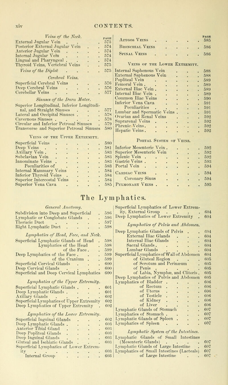 Veins of the Neck. p^gj. External Jugular Vein . . . 573 Posterior External Jugular Vein . . 574 Anterior Jugular Vein .... 574 Internal Jugular Vem .... 574 Lingual and Pharyngeal .... 574 Thyroid Veins, Vertebral Veins . . 575 Veins of the Diploe . . . .575 Cerebral Veins. Superficial Cerebral Veins . . . 576 Deep Cerebral Veins .... 576 Cerebellar Veins ..... 577 Sinuses of the Dura Mater. Superior Longitudinal, Inferior Longitudi- nal, and Straight Sinuses . . .577 Lateral and Occipital Sinuses . . . 578 Cavernous Sinuses ..... 578 Circular and Inferior Petrosal Sinuses . 579 Transverse and Superior Petrosal Sinuses 580 Veixs of the Upper Extremity. Superficial Veins ..... 580 Deep Veins 581 Axillary Vein 583 Subclavian Vein ..... 583 Innominate Veins ..... 583 Peculiarities of .... 583 Internal Mammary Veins . . . 584 Inferior Thyroid Veins . . . .584 Superior Intercostal Veins . . . 584 Superior Vena Cava . . . .585 AzYGOs Veins PAGE . 685 Bronchial Veins . 586 Spinal Veins .... . 586 Veins of the Lower Extremity. Internal Saphenous Vein . 588 External Saphenous Vein . 588 Pophteal Vein .... . 589 Femoral Vein . 589 External Iliac Vein .... . 589 Internal Iliac Vein .... . 589 Common Iliac Veins . 590 Inferior Vena Cava . 591 Peculiarities . 591 Lumbar and Spermatic Veins . . 591 Ovarian and Renal Veins . 592 Suprarenal Veins . . 592 Phrenic Veins. . . . - . 592 Hepatic Veins.... . 592 Portal System of Veins. Inferior Mesenteric Vein , . 592 Superior Mesenteric Vein . 592 Splenic Vein . . 592 Gastric Veins .... . 593 Portal Vein .... . 594 Cardiac Veins . 594 Coronary Sinus . 694 Pulmonary Veins . . 595 The Lymphatics. General Anatomy. Subdivision into Deep and Superficial . 596 Lymphatic or Conglobate Glands . . 596 Thoracic Duct . . . . .597 Right Lymphatic Duct . . . .598 Lymphatics of Head., Face., and Neck. Superficial Lymphatic Glands of Head . 598 Lymphatics of the Head , 598 of the Face . .599 Deep Lymphatics of the Face . . .599 of the Cranium . . 599 Superficial Cervical Glands . . . 600 Deep Cervical Glands . . . . 600 Superficial and Deep Cervical Lymphatics 600 Lymphatics of the Upper Extremity. Superficial Lymphatic Glands . . . 601 Deep Lymphatic Glands .... 601 Axillary Glands . . . , . 602 Superficial Lymphatics of Upper Extremity 602 Deep Lymphatics of Upper Extremity . 602 Lymphatics of the Lower Extremity. Superficial Inguinal Glands . . . 602 Deep Lymphatic Glands .... 603 Anterior Tibial Gland .... 603 Deep Popliteal Glands .... 603 Deep Inguinal Glands .... 603 Gluteal and Tschiatic Glands , . . 603 Superficial Lymphatics of Lower Extrem- ity 603 Internal Group .... 603 Superficial Lymphatics of Lower Extrem- ity, External Gi'oup .... Deep Lymphatics of Lower Extremity Lymphatics of Pelvis and Abdomen. Deep Lymphatic Glands of Pelvis . External Iliac Glands Internal Iliac Glands Sacral Glands..... Lumbar Glands .... Superficial Lymphatics of Wall of Abdomen of Gluteal Region 604 604 604 604 604 604 604 604 605 of Scrotum and Perinseum . 605 of Penis 605 of Labia, Nymphje, and Clitoris . 605 Deep Lymphatics of Pelvis and Abdomen 605 Lymphatics of Bladder .... 606 of Rectum . . . .606 of Uterus . . . .606 of Testicle . . . .606 of Kidney . . . .606 of Liver . . . .606 Lymphatic Glands of Stomach . . 607 Lymphatics of Stomach .... 607 Lymphatic Glands of Spleen . . . 607 Lymphatics of Spleen .... 607 Lymphatic System of the Intestines. Lymphatic Glands of Small Intestines (Mesenteric Glands) .... 607 Lymphatic Glands of Large Intestine . 607 Lymphatics of Small Intestines (Lacteals) 607 of Large Intestine . . 607