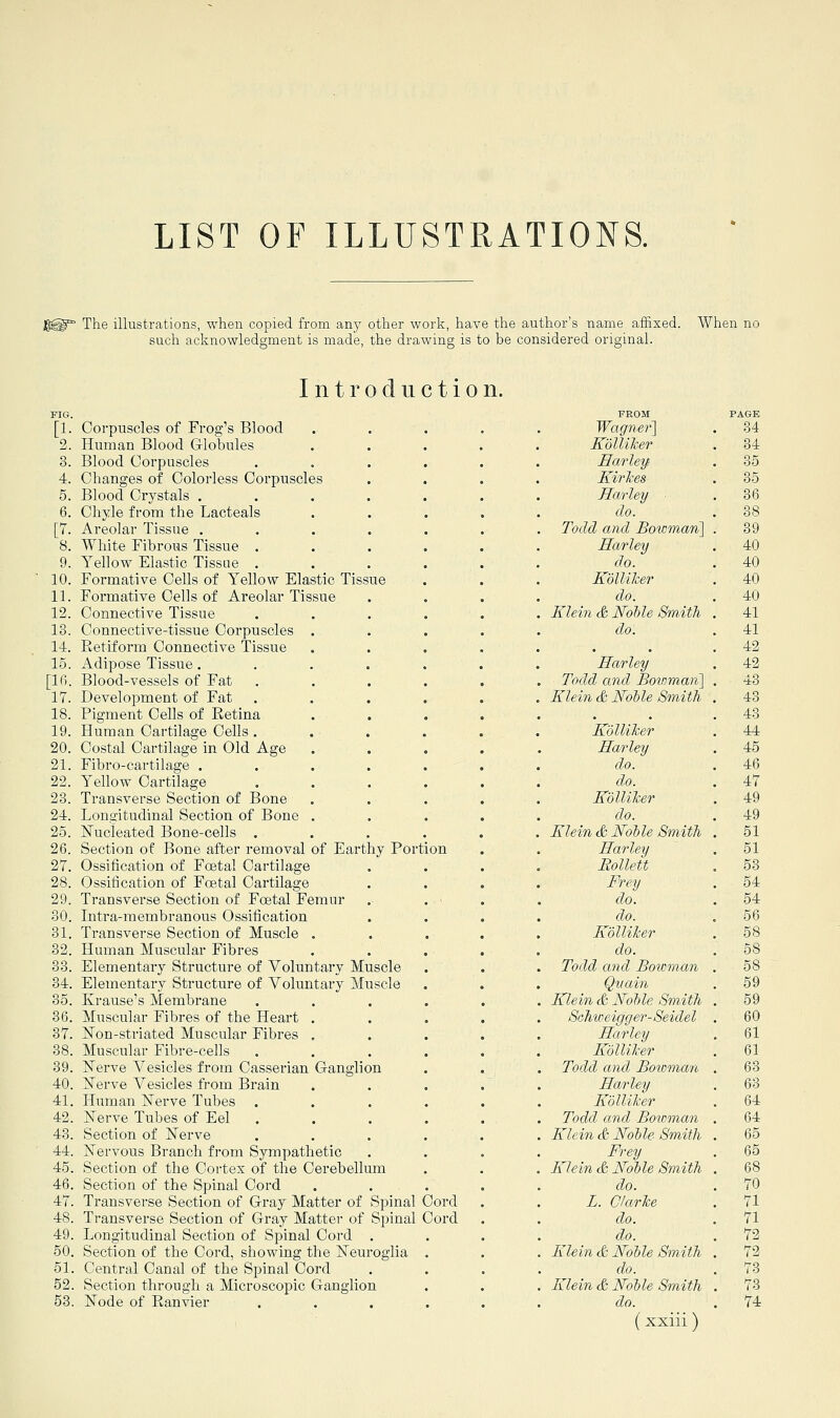 LIST OF ILLUSTRATIONS. The illustrations, when copied from any other work, have the author's name affixed. When no such acknowledgment is made, the drawing is to be considered original. Introduction. FIG. [1. Corpuscles of Frog's Blood 2. Human Blood Globules 3. Blood Corpuscles 4. Changes of Colorless Corpuscles 5. Blood Crystals . 6. Chyle from the Lacteals [7. Areolar Tissue , 8. White Fibrous Tissue . 9. Yellow Elastic Tissue . 10. Formative Cells of Yellow Elastic Tissue 11. Foi'mative Cells of Areolar Tissue 12. Connective Tissue 13. Connective-tissue Corpuscles 14. Retiform Connective Tissue 15. Adipose Tissue. [1(1. Blood-vessels of Fat 17. Development of Fat 18. Pigment Cells of Retina 19. Human Cartilage Cells . 20. Costal Cartilage in Old Age 21. Fibro-eartilage . 22. Yellow Cartilage 23. Ti'ansverse Section of Bone 24. Longitudinal Section of Bone 25. Nucleated Bone-cells . 26. Section of Bone after removal of Earthy Portion 27. Ossification of Foetal Cartilage 28. Ossification of Foetal Cartilage 29. Transverse Section of Foetal Femur 30. Intra-membranous Ossification 31. Transverse Section of Muscle . 32. Human Muscular Fibres 33. Elementary Structure of Voluntary Muscle 34. Elementary Structure of Voluntary Muscle 35. Krause's Membrane 36. Muscular Fibres of the Heart 37. Kon-striated Muscular Fibres 38. Muscular Fibre-cells 39. i^erve Vesicles from Casserian Ganglion 40. 'Serve Vesicles from Brain 41. Human Nerve Tubes 42. iSTerve Tubes of Eel 43. Section of Nerve 44. Nervous Branch from Sympathetic 45. Section of the Cortex of the Cerebellum 46. Section of the Spinal Cord 47. Transverse Section of Gray Matter of Spinal Cord 48. Transverse Section of Gray Matter of Spinal Cord 49. Longitudinal Section of Spinal Cord . 50. Section of the Cord, showing the Neuroglia 51. Central Canal of the Spinal Cord 52. Section through a Microscopic Ganglion 53. Node of Ranvier FROM Wagn&r] PAGE 34 KoUiker 34 Ilarlep 35 Kirlces 35 Harley 36 do. 38 Todd and Boicmari] 39 Harley 40 do. 40 Kdllilcer 40 do. 40 Klein & NoMe Smith 41 do. 41 , , 42 Harley 42 Todd and Bowman'] 43 Klein & JSfohle 8mith 43 , , 43 Kolliker 44 Harley 45 do. 46 do. 47 Kolliher 49 do. 49 Klein & NoMe Smith 51 Harley 51 Rollett 53 Frey 54 do. 54 do. 56 Kolliher 58 do. 58 Todd and Bowman 58 Qitain 59 Klein & NoMe Smith 59 Sehweigger-Seidel 60 Harley 61 Kolliker 61 Todd and Bowman 63 Harley 63 KolliJcer 64 Todd and Boimnan 64 Klein & Nolle Smith 65 Frey 65 Klein & NoMe Smith 68 do. 70 L. Clarke 71 do. 71 do. 72 Klein & NoMe Smith 72 do. 73 Klein & NoMe Smith 73 do. 74