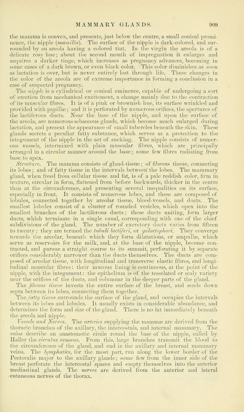 tlie mamma is convex, and presents, just below the centre, a small conical promi- nence, the nipple (inajniUa). The surface of the nipple is dark-colored, and sur- rounded by an areola having a colored tint. In the virgin the areola is of a delicate rosy hue; about the second month of impregnation it enlarges and acquires a darker tinge, which increases as pregnancy advances, becoming in some cases of a dark brown, or even black color. This color diminishes as soon as lactation is over, but is never entirely lost through life. These changes in the color of the areola are of extreme importance in forming a conclusion in a case of suspected pregnancy. The nipple is a cylindrical or conical eminence, capable of undergoing a sort of erection from mechanical excitement, a change mainly due to the contraction of its muscular fibres. It is of a pink or brownish hue, its surface wrinkled and provided with papillas; and it is perforated by numerous orifices, the apertures of the lactiferous ducts. Near the base of the nipple, and upon the surface of the areola, are numerous sebaceous glands, which become much enlarged during lactation, and present the appearance of small tubercles beneath the skin. These glands secrete a peculiar fatty substance, which serves as a protection to the integument of the nipple in the act of sucking. The nipple consists of numer- ous vessels, intermixed with plain muscular fibres, which are principally arranged in a circular manner around the base; some few fibres radiating from base to apex. Structure. The mamma consists of gland-tissue ; of fibrous tissue, connecting its lobes ; and of fatty tissue in the intervals between the lobes. The mammary gland, when freed from cellular tissue and fat, is of a pale reddish color, firm in texture, circular in form, flattened from before backwards, thicker in the centre than at the circumference, and presenting several inequalities on its surface, especially in front. It consists of numerous lobes, and these are composed of lobules, connected together by areolar tissue, blood-vessels, and ducts. The smallest lobules consist of a cluster of rounded vesicles, which open into the smallest branches of the lactiferous ducts; these ducts uniting, form larger ducts, which terminate in a single canal, corresponding with one of the chief subdivisions of the gland. The number of excretory ducts varies from fifteen to twenty: they are termed the tubuli lactiferi^ or galactophori. They converge towards the areolar, beneath which they form dilatations, or ampuUge, which serve as reservoirs for the milk, and, at the base of the nipple, become con- tracted, and pursue a straight course to its summit, perforating it by separate orifices considerably narrower than the ducts themselves. The ducts are com- posed of areolar tissue, with longitudinal and transverse elastic fibres, and longi- tudinal muscular fibres: their mucous lining is continuous, at the point of the nipple, with the integument: the epithelium is of the tesselated or scal}^ variety near the orifices of the ducts, and columnar in the deeper parts of the gland. The fibrous tissue invests the entire surface of the breast, and sends down . septa between its lobes, connecting them together. 'V^n.e fatty tissue surrounds the surface of the gland, and occupies the intervals between its lobes and lobules. It usually exists in considerable abundance, and ■ determines the form and size of the gland. There is no fat immediately beneath the areola and nipple. Vessels and Nerves. The arteries supplying the mammae are derived from the thoracic branches of the axillary, the intercostals, and internal mammary. The vei7is describe an anastomotic circle round the base of the nipple, called by Haller the circulus venosus. From this, large branches transmit the blood to the circumference of the gland, and end in the axillary and internal mammary veins. The lymphatics., for the most part, run along the lower border of the Pectoralis major to the axillary glands; some few fi^om the inner side of the breast perforate the intercostal spaces and empty themselves into the anterior mediastinal glands. The nerves are derived from the anterior and lateral ■ cutaneous nerves of the thorax.
