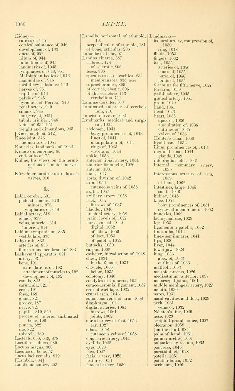 Kidney— calices of, 945 cortical substance of, 946 development of, 133 ducts of, 952 hilum of, 944 infundibula of, 945 landmarks of, 1045 lymphatics of, 648, 951 Malpighian bodies of, 946 mammillae of, 946 medullary substance, 946 nerves of, 951 papillae of, 946 pelvis of, 945 pyramids of Ferrein, 948 renal artery, 949 sinus of, 945 [surgery of, 945] tubuli uriniferi, 946 veins of, 634, 951 weight and dimensions, 945 [Knee, angle at, 242] Knee-joint, 346 landmarks of, 1051 Knuckles, landmarks of, 1062 Krause's membrane, 65 end-bulbs of, 75 Kuhne, his views on the termi- nations of motor nerves, 77 Kiirschner, on structure of heart's valves, 910 Labia cerebri, 691 pudendi majora, 976 minora, 976 lymphatics of, 648 Labial artery, 518 glands, 839 veins, superior, 614 'inferior, 614 Labium tympanicum, 835 vestibulare, 835 Labyrinth, 832 arteries of, 838 fibro-serous membrane of, 837 Lachrymal apparatus, 821 artery, 531 bone, 191 articulations of, 192 attachment of muscles to, 192 development of, 192 canals, 822 caruncula, 821 crest, 191 fossa, 169 gland, 821 groove, 187 nerve, 721 papilla, 819, 822 process of inferior turbinated bone, 196 puncta, 822 sac, 822 tubercle, 189 Lacteals, 638, 649, 878 Lactiferous ducts, 989 Lacuna magna, 960 Lacunae of bone, 57 Lacus lachrymalis, 819 [Lambda, 684] Lambdoid suture, 203 Lamella, horizontal, of ethmoid, 181 perpendicular, of ethmoid, 181 of bone, articular, 296 Lamellae of bone, 57 Lamina cinerea, 687 cribrosa, 174 of sclerotic, 806 fusca, 806 spiralis ossea of cochlea, 834 membranacea, 835, note suprachoroidea, 809 of cornea, elastic, 806 of the vertebrae, 143 cerebellum, 711 Laminae dorsales, 103 Laminated tubercle of cerebel- lum, 710 Lancisi, nerves of, 692 Landmarks, medical and surgi- cal, 1025 abdomen, 1041 bony prominences of, 1043 lines of, 1041 manipulation of, 1044 rings of, 1043 viscera of, 1044 ankle, 1053 anterior tibial artery, 1054 anterior fontanelle, 1026 antrum, 1031 anus, 1047 aorta, division of, 1042 arm, 1056 cutaneous veins of, 1058 axilla, 1057 axillarv artery, 1058 back, 1037 furrows of, 1037 bladder, 1046 brachial artery, 1058 brain, levels of, 1027 bursa, carpal, 1060 digital, 1062 of elbow, 1059 of foot, 1053 of patella, 1052 buttocks, 1050 carpus, 1060 catheter, introduction of, 1048 chest, 1034 in the female, 1034 clavicle, 1056 below, 1035 colotomy, 1046 condyles of humerus, 1059 coraco-acromial ligament, 1057 cricoid cartilage, 1032 crural arch, 1043 cutaneous veins of arm, 1058 diaphragm, 1044 digital arteries, 1061 furrows, 1061 joints, 1062 dorsal artery of foot, 1056 ear, 1027* elbow, 1058 cutaneous veins of, 1058 epigastric artery, 1044 eyelids, 1028 eyes, 1028 face, 1027 facial artery, 1028 features, 1031 femoral artery, 1050 Landmarks— femoral artery, compression of, 1050 ring, 1048 fibula, 1053 fingers, 1062 foot, 1055 arteries of, 1056 bones of, 1055 bursa of, 1056 joints of, 1055 foramina for fifth nerve, 1027 forearm, 1059 gall-bladder, 1045 gluteal artery, 1051 groin, 1049 hand,1061 head, 1026 heart, 1035 apex of, 1036 auscultation of, 1036 outlines of, 1035 valves of, 1036 Hunter's canal, 1050 hyoid bone, 1032 ilium, prominences of, 1043 inguinal canal, 1044 glands, 1049 interdigital folds, 1061 internal mammary artery, 1035 interosseous arteries of arm, 1059 of hand,1062 intestines, large, 1045 small, 1046 kidney, 1045 knee, 1051 bony prominences of, 1051 synovial membrane of, 1052 knuckles, 1062 lachrvmal sac, 1029 leg, 1053 ligamentum patellae, 1052 linea alba, 1042 lineae semilunares, 1041 lips, 1030 liver, 1044 lower jaw, 1028 lung, 1036 apex of, 1033 outlines of, 1036 malleoli, 1053 mastoid process, 1026 mediastinum, anterior, 1037 metacarpal joints, 1061 middle meningeal artery, 1027 mouth, 1030 nares, 1031 nasal cavities and duct, 1029 neck, 1031 veins of, 1032 Nelaton's line, 1049 nose, 1029 occipital protuberance, 1027 olecranon, 1058 [on the skull, 684] palm of hand, 1061 palmar arches, 1061 palpation by rectum, 1062 pancreas, 1045 parotid duct, 1028 patella, 1051 patellar bursa, 1052 perineum, 1046