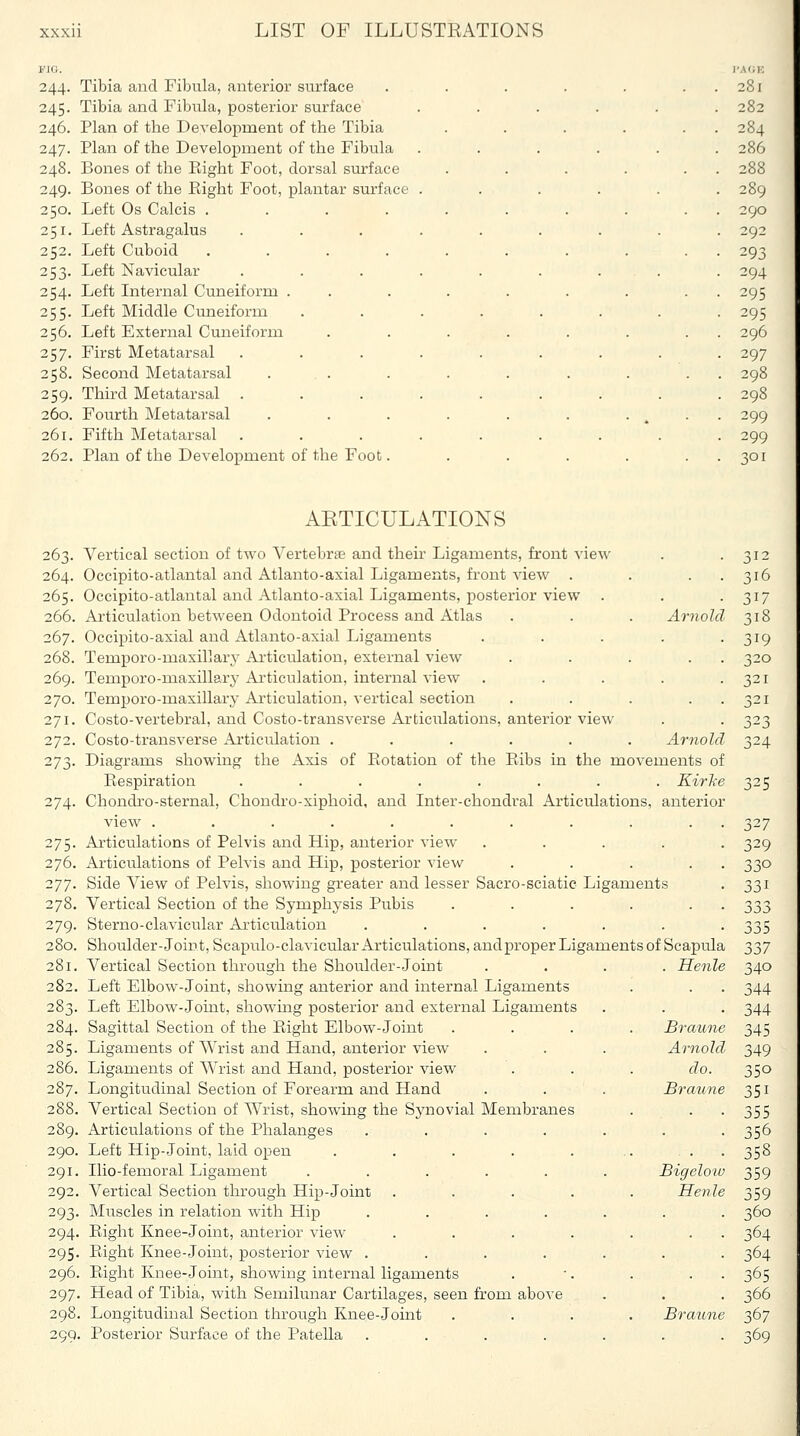 FIG. 244. Tibia and Fibula, anterior surface 245. Tibia and Fibula, posterior surface 246. Plan of the Development of the Tibia 247. Plan of the Development of the Fibula 248. Bones of the Eight Foot, dorsal surface 249. Bones of the Right Foot, plantar surface 250. Left Os Calcis .... 251. Left Astragalus 252. Left Cuboid 253. Left Navicular 254. Left Internal Cuneiform . 255. Left Middle Cuneiform 256. Left External Cuneiform 257. First Metatarsal 258. Second Metatarsal 259. Third Metatarsal . 260. Fourth Metatarsal 261. Fifth Metatarsal 262. Plan of the Development of the Foot I'AliK 281 282 284 286 290 292 293 294 295 295 296 297 299 299 301 263, 264, 265, 266. 267. 268. 269. 270. 271. 272. 273- 274. 275. 276. 277. 278. 279. 280. 281. 282. 283. 284. 285. 286. 287. 288. 289. 290. 291. 292. 293- 294. 295. 296. 297. 298. 299. AETICULATIONS Vertical section of two Vertebrae and their Ligaments, front view Occipito-atlantal and Atlanto-axial Ligaments, front view . Occipito-atlantal and Atlanto-axial Ligaments, posterior view . Articulation between Odontoid Process and Atlas . . . Arnold Occipito-axial and Atlanto-axial Ligaments .... Tempore-maxillary Articulation, external view .... Temporo-maxillar}' Articulation, internal view .... Temporo-maxillary Articulation, vertical section .... Costo-vertebral, and Costo-transverse Articulations, anterior view Costo-transverse Articulation ...... Arnold Diagrams showing the Axis of Eotation of the Ribs in the movements of Respiration ........ Kirke Chondi'o-sternal, Chondro-xiphoid, and Inter-chondral Articulations, anterior view .......... Articulations of Pelvis and Hip, anterior view .... Articulations of Pelvis and Hip, posterior view . . . . Side View of Pelvis, showing greater and lesser Sacro-sciatic Ligaments Vertical Section of the Symphysis Pubis ..... Sterno-clavicular Articulation ...... Shoulder-Joint, Scapulo-clavicular Articulations, and proper Ligaments of Scapula Vertical Section through the Shoulder-Joint Left Elbow-Joint, showing anterior and internal Ligaments Left Elbow-Joint, showing posterior and external Ligaments Sagittal Section of the Right Elbow-Joint Ligaments of AVrist and Hand, anterior view Ligaments of Wrist and Hand, posterior view Longitudinal Section of Forearm and Hand Vertical Section of Wrist, showing the Synovial Membranes Articulations of the Phalanges .... Left Hip-Joint, laid open Ilio-femoral Ligament .... Vertical Section through Hip-Joint Muscles in relation with Hip Right Knee-Joint, anterior view Right Knee-joint, posterior view . Right Knee-joint, showing internal ligaments Head of Tibia, with Semilunar Cartilages, seen from above Longitudinal Section through Knee-joint Posterior Surface of the Patella Henle Braune Arnold do. Braune Bigeloto Henle Braune 312 316 317 318 319 320 321 321 323 324 325 327 329 330 331 333 335 340 344 344 345 349 350 351 355 356 358 359 359 360 364 364 365 366 367 369