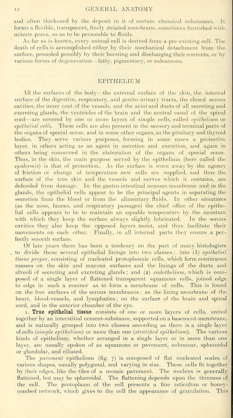 and. often thickened by the deposit in it of certain chemical substances. 1l forms a flexible, transparent, finely striated membrane, sometimes furnished witli minute pores, so as to be permeable to fluids. As far as is known, every animal cell is derived from a pre-existing cell. Tlie death of cells is accomplished either by their mechanical detachment from tlie surface, preceded possibly by their bursting and discharging their contents, or by various forms of degeneration—fatty, pigmentary, or calcareous. EPITHELIUM All the surfaces of the body—the external surface of the skin, the internal surface of the digestive, respiratory, and genito-urinary tracts, the closed serous cavities, the inner coat of the vessels, and the acini and ducts of all secreting and excreting glands, the ventricles of the brain and the central canal of the spinal cord—are covered by one or more layers of simple cells, called epithelium or epithelial cells. These cells are also present in the sensory and terminal parts of the organs of special sense, and in some other organs, as the pituitary and thyroid bodies. They serve various purposes, forming in some cases a protective layer, in others acting as an agent in secretion and excretion, and again in others being concerned in the elaboration of the organs of special sense. Thus, in the skin, the main purpose served by the epithelium (here called the epidermis) is that of protection. As the surface is worn away by the agency of friction or change of temperature new cells are supplied, and thus the surface of the true skin and the vessels and nerves wliich it contains, are defended from damage. In the gastro-intestinal mucous membrane and in the glands, the epithelial cells appear to be the principal agents in separating the secretion from the blood or from the alimentary fluids. In other situations (as the nose, fauces, and respiratory passages) the chief office of the epithe- lial cells appears to be to maintain an equable temperature by the moisture with which they keep the surface always slightly luljricated. In the serous cavities they also keep the opposed layers moist, and thus facilitate their movements on each other. Finally, in all internal parts they ensure a per- fectly smooth surface. Of late years there has been a tendency on the part of many histologists to divide these several epithelial linings into two classes : into (1) epithelial tissue proper, consisting of nucleated protoplasmic cells, which form continuous masses on the skin and mucous surfaces and the linings of the ducts and alveoli of secreting and exci'eting glands; and (2) eudotheliiim, which is com- posed of a single layer of flattened transparent squamous cells, joined edge to edge in such a manner as to form a membrane of cells. This is found on the free surfaces of the serous membranes ; as the lining membrane of the heart, blood-vessels, and lymphatics; on the surface of the brain and spinal cord, and in the anterior chamber of the eye. I. True epithelial tissue consists of one or more layers of cells, united together by an interstitial cement-substance, supported on a basement-membrane, and is naturally grouped into two classes according as there is a single layer of cells (simple epithelium) or more than one {stratified epithelium). The various kinds of epithelium, whether arranged in a single layer or in more than one layer, are usually spoken of as squamous or pavement, columnar, spheroidal or glandular, and ciliated. The pavement epithelium (fig. 7) is composed of flat nucleated scales of various shapes, usually polygonal, and varying in size. These cells fit together by their edges, like the tiles of a mosaic pavement. The nucleus is generally flattened, but may be spheroidal. The flattening depends upon the thinness of the cell. The protoplasm of the cell presents a fine reticulum or honey- combed network, which gives to the cell the appearance of granulation. This