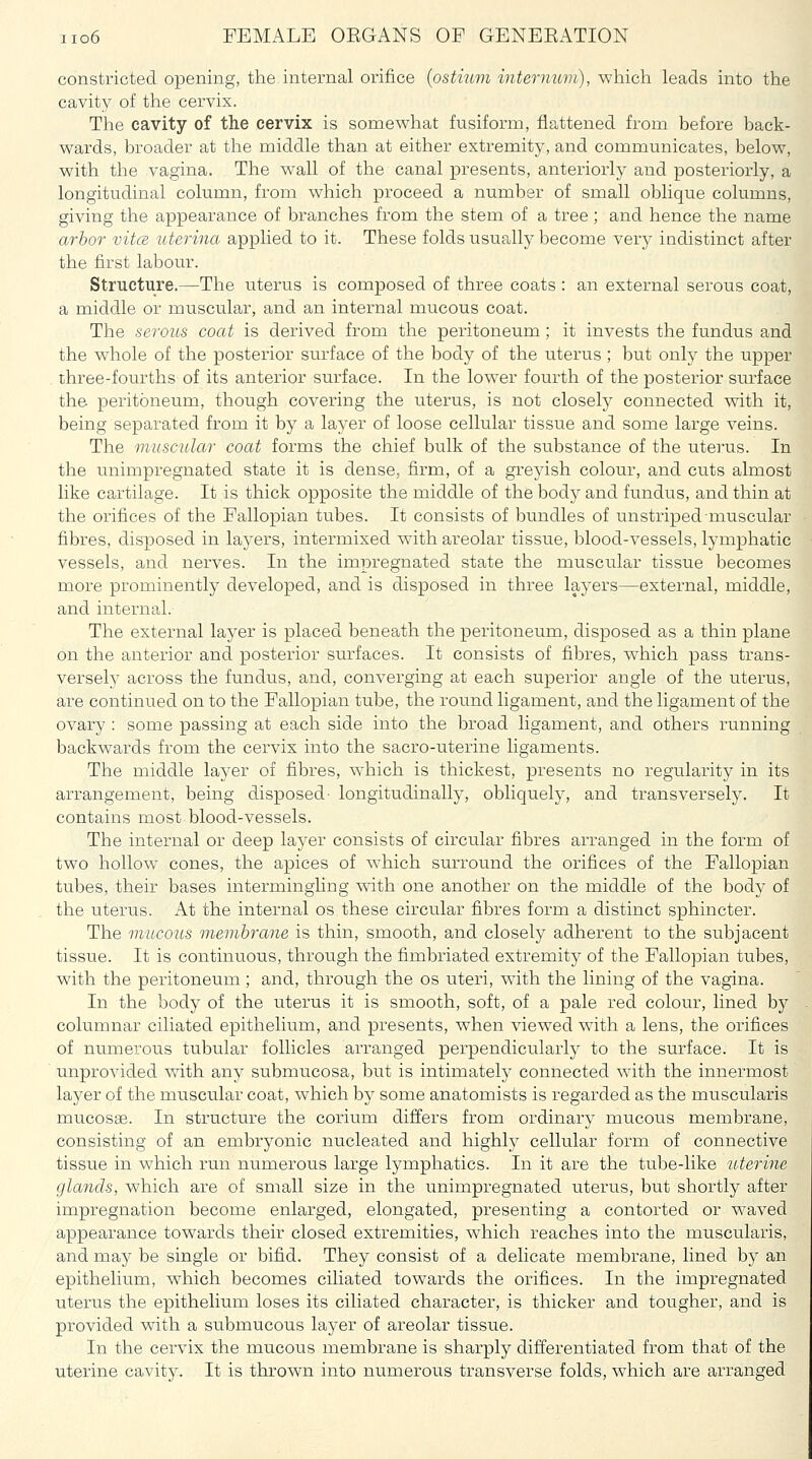 constricted opening, the internal orifice {ostium internum), wliich leads into the cavity of the cervix. The cavity of the cervix is somewhat fusiform, flattened from before back- wards, broader at the middle than at either extremity, and communicates, below, with the vagina. The wall of the canal presents, anteriorly and posteriorly, a longitudinal column, from which proceed a number of small oblique columns, giving the appearance of branches from the stem of a tree ; and hence the name arhor vita uterina applied to it. These folds usually become very indistinct after the first labour. Structure.—The uterus is composed of three coats : an external serous coat, a middle or muscular, and an internal mucous coat. The serous coat is derived from the peritoneum ; it invests the fundus and the whole of the posterior surface of the body of the uterus ; but only the upper , three-fourths of its anterior surface. In the lower fourth of the posterior surface the peritoneum, though covering the uterus, is not closely connected with it, being separated from it by a layer of loose cellular tissue and some large veins. The muscular coat forms the chief bulk of the substance of the uterus. In the unimpregnated state it is dense, firm, of a greyish colour, and cuts almost like cartilage. It is thick opposite the middle of the body and fundus, and thin at the orifices of the Fallopian tubes. It consists of bundles of unstriped muscular fibres, disposed in layers, intermixed with areolar tissue, blood-vessels, lymphatic vessels, and nerves. In the impregnated state the muscular tissue becomes more prominently developed, and is disposed in three layers—external, middle, and internal. The external layer is placed beneath the peritoneum, disposed as a thin plane on the anterior and posterior surfaces. It consists of fibres, which pass trans- versely across the fundus, and, converging at each superior angle of the uterus, are continued on to the Fallopian tube, the round ligament, and the ligament of the ovary : some passing at each side into the broad ligament, and others running backwards from the cervix into the sacro-uterine ligaments. The middle layer of fibres, which is thickest, presents no regularity in its arrangement, being disposed- longitudinally, obliquely, and transversely. It contains most blood-vessels. The internal or deep layer consists of circular fibres arranged in the form of two hollow cones, the apices of which surround the orifices of the Fallopian tubes, their bases intermingling with one another on the middle of the body of the uterus. At the internal os these circular fibres form a distinct sphincter. The mucous membrane is thin, smooth, and closely adherent to the subjacent tissue. It is continuous, through the fimbriated extremity of the Fallopian tubes, with the peritoneum; and, through the os uteri, with the lining of the vagina. In the body of the uterus it is smooth, soft, of a pale red colour, lined by columnar ciliated epithelium, and presents, when viewed with a lens, the orifices of numerous tubular follicles arranged perpendicularly to the surface. It is unprovided with any submucosa, but is intimately connected with the innermost layer of the muscular coat, which by some anatomists is regarded as the muscularis mucosa. In structu.re the corium differs from ordinary mucous membrane, consisting of an embryonic nucleated and highly cellular form of connective tissue in which run numerous large lymphatics. In it are the tube-like uterine glands, which are of small size in the unimpregnated uterus, but shortly after impregnation become enlarged, elongated, presenting a contorted or waved appearance towards their closed extremities, which reaches into the muscularis, and may be single or bifid. They consist of a delicate membrane, lined by an epithelium, which becomes ciliated towards the orifices. In the impregnated uterus the epithelium loses its ciliated character, is thicker and tougher, and is provided with a submucous layer of areolar tissue. In the cervix the mucous membrane is sharply differentiated from that of the uterine cavity. It is thrown into numerous transverse folds, which are arranged