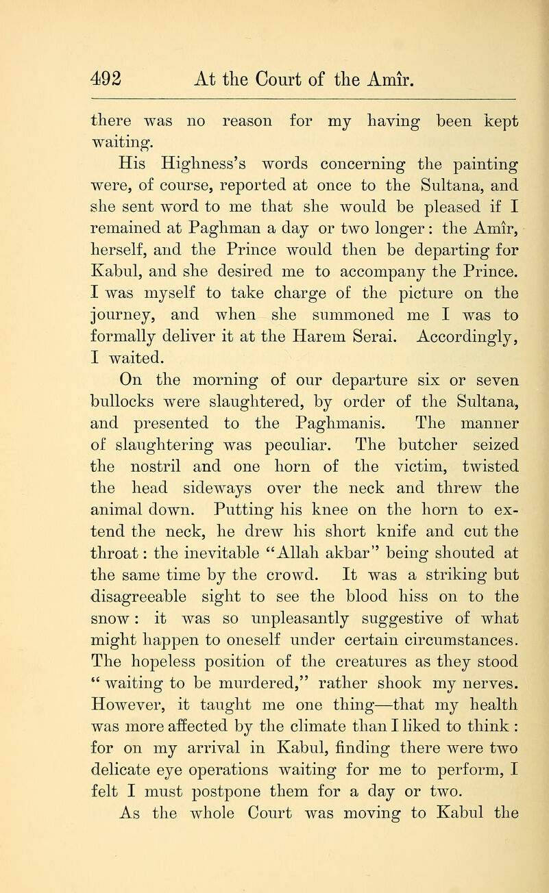 there was no reason for my having been kept waiting. His Highness's words concerning the painting were, of course, reported at once to the Sultana, and she sent word to me that she would be pleased if I remained at Paghman a day or two longer: the Amir, herself, and the Prince would then be departing for Kabul, and she desired me to accompany the Prince. I was myself to take charge of the picture on the journey, and when she summoned me I was to formally deliver it at the Harem Serai. Accordingly, I waited. On the morning of our departure six or seven bullocks were slaughtered, by order of the Sultana, and presented to the Paghmanis. The manner of slaughtering was peculiar. The butcher seized the nostril and one horn of the victim, twisted the head sideways over the neck and threw the animal down. Putting his knee on the horn to ex- tend the neck, he drew his short knife and cut the throat: the inevitable Allah akbar being shouted at the same time by the crowd. It was a striking but disagreeable sight to see the blood hiss on to the snow: it was so unpleasantly suggestive of what might happen to oneself under certain circumstances. The hopeless position of the creatures as they stood  waiting to be murdered, rather shook my nerves. However, it taught me one thing—that my health was more affected by the climate than I liked to think : for on my arrival in Kabul, finding there were two delicate eye operations waiting for me to perform, I felt I must postpone them for a day or two. As the whole Court was moving to Kabul the