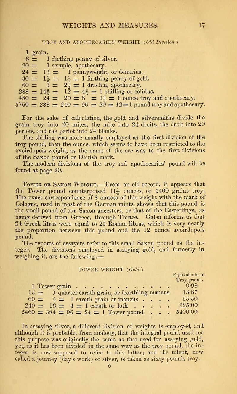 TEOY AND APOTHECARIES'WEIGHT {Old Division.) 1 grain. 6 = 1 farthing penny of silver. 20 zr 1 scruple, apothecary. 24 = I75- = 1 pennyweight, or denarius. 30 = 1^ = 1^- = 1 fai'thing penny of gold. 60 = 3 =: 2i r= 1 drachm, apothecary. 288 = 14fzr 12 = 4f=l shilling or solidus. 480 = 24= 20 = 8 =14=1 ounce troy and apothecary. 5760 = 288 = 240 = 96 = 26 = 12=1 pound troy and apothecary. For the sake of calculation, the gold and silversmiths divide the grain troy into 20 mites, the mite into 24 droits, the droit into 20 periots, and the periot into 24 blanks. The shilling was more usually employed as the first division of the troy pound, than the ounce, which seems to have been restricted to the avoirdupois weight, as the name of the ore was to the first divisions of the Saxon pound or Danish mai'k. The modern divisions of the troy and apothecaries' pound will be found at page 20. Tower or Saxon Weight.—From an old record, it appears that the Tower pound counterpoised 11 j ounces, or 5400 grains troy. The exact correspondence of 8 ounces of this weight with the mark of Cologne, used in most of the German mints, shows that this pound is the small pound of our Saxon ancestors, or that of the Easterlings, as being derived from Greece, through Thrace. Galen informs us that 24 Greek litras were equal to 25 Roman libras, which is veiy nearly the proportion between this pound and the 12 ounce avoirdupois pound. The reports of assayers refer to this small Saxon pound as the in- teger. The divisions employed in assaying gold, and formerly in weighing it, are the following:— TOWER WEIGH:T {Gold.) Eciuivaleuts in Troy grains. 1 Tower grain 0-98 15 = 1 quarter carath grain, or feorthling mancus 13*87 60 = 4=1 carath grain or mancus .... 55*50 240 = 16 = 4=1 carath or loth 225-00 5460 = 384 = 96 = 24 = 1 Tower pound . . . 5400-00 In assaying silver, a different division of weights is employed, and. although it is probable, from analogy, that the integral pound used for this purpose was originally the same as that used for assaying gold, yet, as it has been divided in the same way as the troy pound, the in- teger is now supposed to refer to this latter; and the talent, now called a journey (day's work) of silver, is taken as sixty pounds troy. c