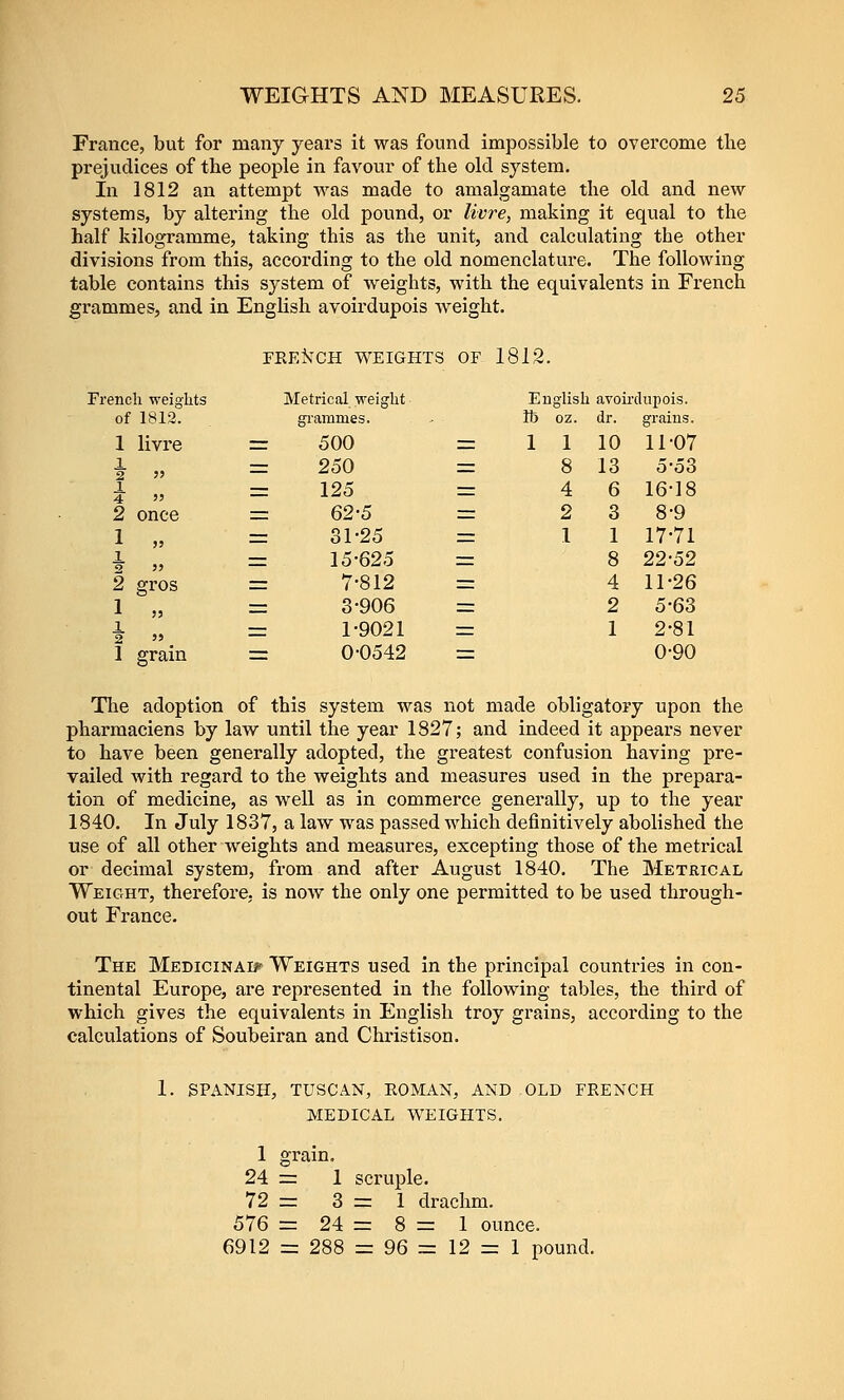 France, but for many years it was found impossible to overcome the prejudices of tbe people in favour of the old system. In 1812 an attempt was made to amalgamate the old and new systems, by altering the old pound, or livre, making it equal to the half kilogramme, taking this as the unit, and calculating the other divisions from this, according to the old nomenclature. The following table contains this system of weights, with the equivalents in French grammes, and in English avoirdupois weight. FEE^^CH WEIGHTS OF 1812. French weights Metrical weight of 1813. grammes. 1 livre = 500 1 2 J> 2 once = 250 125 62-5 1 „ = 31-25 2 gros 15-625 7-812 1 » = 3-906 1 2 n: 1-9021 1 grain = 0-0542 English avoirdupois, lb oz. dr. grains. = 1 1 10 11-07 8 13 5-53 4 6 16-18 2 3 8-9 1 1 17-71 8 22-52 4 11-26 2 5-63 1 2-81 0-90 The adoption of this system was not made obligatory upon the pharmaciens by law until the year 1827; and indeed it appears never to have been generally adopted, the greatest confusion having pre- vailed with regard to the weights and measures used in the prepara- tion of medicine, as well as in commerce generally, up to the year 1840. In July 1837, a law was passed which definitively abolished the use of all other weights and measures, excepting those of the metrical or decimal system, from and after August 1840. The Metrical Weight, therefore, is now the only one permitted to be used through- out France. The MEDiciNAif Weights used in the principal countries in con- tinental Europe, are represented in the following tables, the third of which gives the equivalents in English troy grains, according to the calculations of Soubeiran and Christison. 1. SPANISH, TUSCAN, HOMAN, AND OLD FRENCH MEDICAL WEIGHTS. 1 grain. 24 = 1 scruple. 72 z= 3=1 drachm. 576 = 24 = 8 = 1 ounce. 6912 = 288 = 96 = 12 = 1 pound.