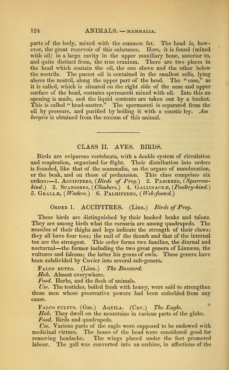 parts of the body, mixed with the common fat. The head is, how- ever, the great reservoir of this substance. Here, it is found (mixed with oil) in a large cavity in the upper maxillary bone, anterior to, and quite distinct from, the true cranium. There are two places in the head which contain the oil, the one above and the other below the nostrils. The purest oil is contained in the smallest cells, lying above the nostril, along the upper part of the head. The *' case, as it is called, which is situated on the right side of the nose and upper surface of the head, contains spermaceti mixed with oil. Into this an opening is made, and the liquid contents are taken out by a bucket. This is called  head-matter. The spermaceti is separated from the oil by pressure, and purified by boiling it with a caustic ley. Am hergris is obtained from the coecum of this animal. CLASS IL AVES. BIRDS. Birds are oviparous vertebrata, with a double system of circulation and respiration, organized for flight. Their distribution into orders is fovmded, like that of the mammalia, on the organs of manducation, or the beak, and on those of prehension. This class comprises six orders:—L Accipitees, {Birds of Prey.) 2. Passeres, (Sparroio- kind.) 3. ScANsoRES, (67m6er5.) 4. Gcaiaa^ac^m, {Poultry-kind.) 5. Grall^, {Waders.) 6, Palmipedes, {Web-footed.) Order 1. ACCIPITRES. (Linn.) Birds of Prey. These birds are distinguished by their hooked beaks and talons. They are among birds what the carnaria are among quadrupeds. The muscles of their thighs and legs indicate the strength of their claws; they all have four toes; the nail of the thumb and that of the internal toe are the strongest. This order forms two families, the diurnal and nocturnal—the former including the two great genera of Linnaeus, the vultures and falcons; the latter his genus of owls. These genera have been subdivided by Cuvier into several sub-genera. Falco buteo. (Linn.) The Buzzard. Hah. Almost everywhere. Food. Herbs, and the flesh of animals. Use. The testicles, boiled fresh with honey, were said to strengthen those men whose procreative powers had been enfeebled from any cause. Falco fulvus, (Gm.) Aquila. (Cuv.) The Eagle. Hah. They dwell on the mountains in various parts of the globe. Food. Birds and quadrupeds. Use. Various parts of the eagle were supposed to be endowed with medicinal virtues. The bones of the head were considered good for removing headache. The wings placed under the feet promoted labour. The gall was converted into an crrhine, in affections of the
