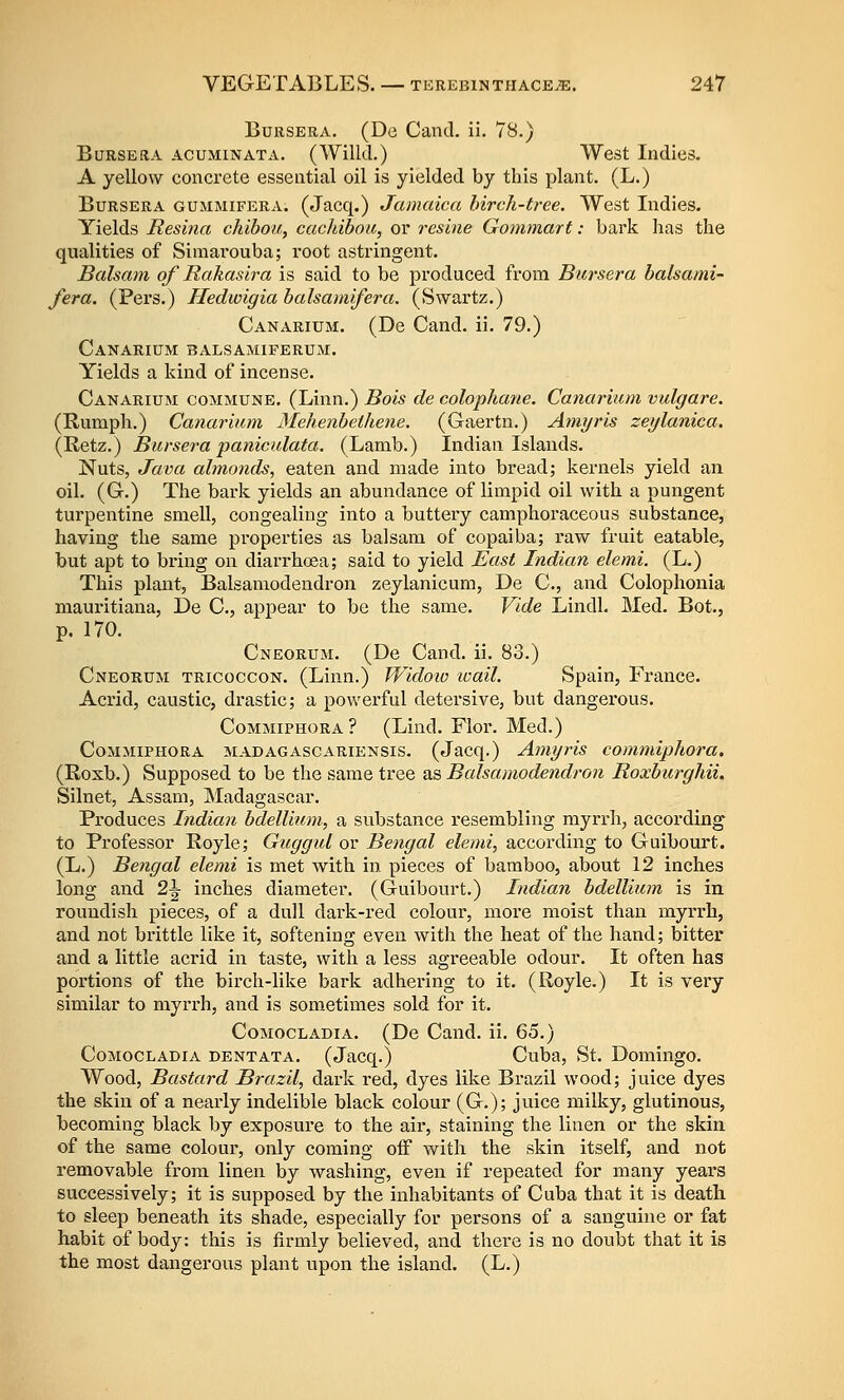 BuESERA. (Do Cancl. ii. 78.) BuRSERA ACUMINATA. (WiUcl.) West Indies. A yellow concrete essential oil is yielded by this plant. (L.) BuRSERA GUMMiFERA. (Jacq.) Jamaica birch-tree. West Indies. Yields Resina chiboa, cachibou, or resine Gommart: bark has the qualities of Siraarouba; root astringent. Balsam of Rakaslra is said to be produced from Btcrsera balsami fera. (Pers.) Hedwigia balsamifera. (Swartz.) Canarium. (De Cand. ii. 79.) Canarium balsamiferum. Yields a kind of incense. Canarium commune. (Linn.) Bois de colophane. Canarium vulgare. (Rumph.) Canarium Mehenbelhene. (Gaertn.) Amyris zeylanica. (Retz.) JBursera paniculata. (Lamb.) Indian Islands. Nuts, Java almonds, eaten and made into bread; kernels yield an oil. (G.) The bark yields an abundance of limpid oil with a pungent turpentine smell, congealing into a buttery camphoraceous substance, having the same properties as balsam of copaiba; raw fruit eatable, but apt to bring on diarrhoea; said to yield East Indian elemi. (L.) This plant, Balsamodendron zeylanicum, De C, and Colophonia mauritiana, De C, appear to be the same. Vide Lindl. Med. Bot., p. 170. Cneorum. (De Cand. ii. 83.) Cneorum tricoccon. (Linn.) Widoio tvail. Spain, France. Acrid, caustic, drastic; a powerful detersive, but dangerous. Commiphora ? (Lind. Flor. Med.) Commiphora madagascariensis. (Jacq.) Aniyris commiphora. (Roxb.) Supposed to be the same tree as Bcdsamodendron Roxburghii. Silnet, Assam, Madagascar. Produces Indian bdellium, a substance resembling myrrh, according to Professor Royle; Guggul or Bengal elemi, according to Guibourt. (L.) Bengal elemi is met with in pieces of bamboo, about 12 inches long and 2^ inches diameter. (Guibourt.) Indian bdellium is in roundish pieces, of a dull dark-red colour, more moist than myrrh, and not brittle like it, softening even with the heat of the hand; bitter and a little acrid in taste, with a less agreeable odour. It often has portions of the bircli-like bark adhering to it, (Royle.) It is veiy similar to myrrh, and is sometimes sold for it. CoMOCLADiA. (De Cand. ii. 65.) CoMocLADiA DENTATA. (Jacq.) Cuba, St. Domingo. Wood, Bastard Brazil, dark red, dyes like Brazil wood; juice dyes the skin of a nearly indelible black colour (G.); juice milky, glutinous, becoming black by exposure to the air, staining the linen or the skin of the same colour, only coming off with the skin itself, and not removable from linen by washing, even if repeated for many years successively; it is supposed by the inhabitants of Cuba that it is death to sleep beneath its shade, especially for persons of a sanguine or fat habit of body: this is firmly believed, and there is no doubt that it is the most dangerous plant upon the island. (L.)