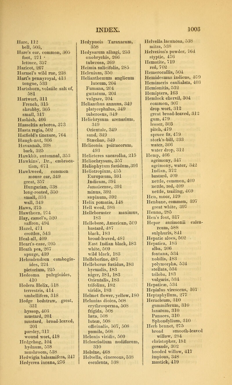 I-Iaie, 112 bell, 500, Hare's ear, coiuiiioii, 305 foot, 271 • lettuce, 357 Haricot, 267 Hiu-mel's wild rue, 238 Hart's pennyroyal, 413 tongue, 533 Hartshorn, volatile salt of, 581 Hartwort, 311 Frencli, 315 shrubby, 305 small, 317 Hashish, 4()0 Hasseltia arborea, 373 Hasta regia, 502 Hatfield's tincture, 764 Haugh-nut, 306 Havannah, 398 bai'k, 325 Haw kbit, autumnal, 353 Hawkins', Dr., embroca- tion, 671 Hawkweed, common mouse ear, 349 great, 357 Hungarian, 338 long-rooted, 350 small, 353 wall, 349 Haws, 275 Hawthorn, 274 Hay, camel's, 520 saffron, 494 Hazel, 471 crottles, 543 Heal-all, 409 Heart's-ease, 205 Heath pea, 267 spurge, 439 Hebradendron cambogio- ides, 224 pictorium, 225 Hedeoma pulegioides, 410 Hedera Helix, 318 terrestris, 414 umbellifera, 318 Hedge bedstraw, great, 331 hyssop, 403 mustard, 201 mustard, broad-leaved, 201 parsley, 317 wound wort, 418 Hedgehog, 104 hydnum, 538 niushroom, 538 Hedwigia balsamifera, 247 Hedycrea incana, 276 Hcdypnois Taraxacum, 358 Iledysarum nlhagi, 253 onobrychis, 266 tuberosa, 269 Heimia salicifolia, 285 Heleuium, 350 Helianthemum anglicum luteum, 204 Fumaua, 204 guttatum, 204 vulgai'e, 204 Helianthus annuus, 349 platyceplialus, 349 tuberosus, 349 Helichrysum arenai-iuni, 349 Oriental e, 349 sand, 349 Stajchas, 349 Helicouia psittacorum, 493 Helicteres sacarolha, 215 Heliochrysum, 357 Heliophytum foetidum,391 Heliotropium, 455 Europasum, 391 Indicum, 391 Jamaicense, 391 minus, 392 supiuum, 392 Helix pomatia, 148 Hell weed, 388 Helleboraster maximus, 183 Hellebore, American, 509 bastard, 487 black, 183 broad-leaved, 487 East Indian black, 183 white, 509 wild black, 183 Helleborine, 487 Helleborus fcetidus, 183 hyemalis, 183 niger, 181, 183 Orientalis, 183 trifolius, 182 viridis, 183 Helmet flower, yellow, 180 Helonias dioica, 508 erythrosperma, 508 frigida, 508 Iseta, 508 hiteffi, 508 officinalis, 507, 508 pumila, 508 Helonis viridis, 509 Helosciadium nodiflorum, 310 Helsine, 468 Helvella, cinereous, 538 esculenta, 538 Helvella lacuuosa, 538 mitra, 538 Helvetius's powder, 764 styptic, 476 Hematite, 719 red, 702 Hemerocallis, 504 Hemidesmus iudicus, 379 Hemimeris caulialata, 403 Hemionitis, 532 Hemiptera, 163 Hemlock chervil, 304 common, 307 drop wort, 312 great broad-leaved, 312 gum, 479 lesser, 303 pitch, 479 spruce fir, 479 stork's-bill, 233 water, 306 w-ater drop, 312 Hemp, 466 agrimony, 347 agrimony, water, 342 Indian, 372 bastard, 409 nettle, common, 409 nettle, red, 409 nettle, trailing, 409 Hen, moor, 129 Henbane, common, 397 great white, 397 Henna, 285 Hen's foot, 317 Hepar antimonii calca- reum, 588 sulphuris, 841 Hepatic aloes, 502 ■ Hepatica, 183 alba, 206 fontana, 534 nobilis, 183 polymorpha, 534 steilata, 534 triloba, 183 vulgaris, 534 Hepaticse, 534 Hepialus virescens, 167 Heptaphyllum, 277 Heracleum, 310 gummiferum, 310 lanatum, 310 Panaces, 310 Sphondylium, 310 Herb bennet, 275 broad smooth-leaved willow, 284 Christopher, 181 gerande, 302 hooded willow, 417 imjiious, 348 mastick, 419