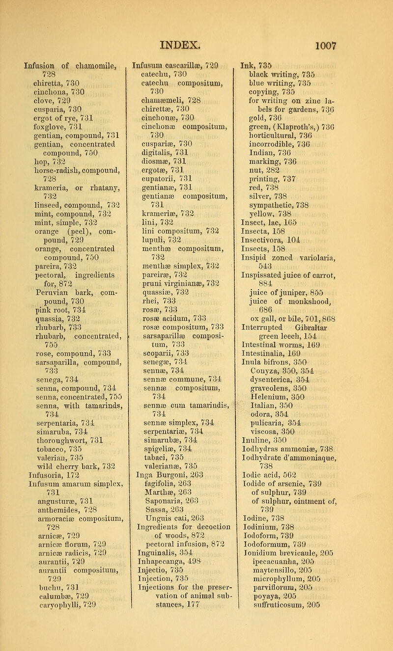 Infusion of chamomile, 728 cliiretta, 730 ciuchoua, 730 clove, 729 cusparia, 730 ergot of rye, 731 foxglove, 731 gentian, compound, 731 gentian, concentrated compound, 750 hop, 732 horse-radish, compound, 728 krameria, or rhatany, 732 linseed, compound, 732 mint, compound, 732 mint, simple, 732 orange (peel), com- pound, 729 orange, concentrated compound, 750 pareira, 732 pectoral, ingredients for, 872 Peruvian bark, com- pound, 730 pink root, 734 qiiassia, 732 rhubarb, 733 rhubarb, concentrated, 755 rose, compound, 733 sarsaparilla, compound, 733 senega, 734 senna, compound, 734 senna, concentrated, 755 senna, with tamai'inds, 734 serpentaria, 734 simaruba, 734 thoroughwort, 731 tobacco, 735 valerian, 735 wild cherry bark, 732 Infusoria, 172 Infusum amarum simplex, 731 angusturse, 731 anthemides, 728 armoraciae compositum, 728 aruicae, 729 arnicae flornm, 729 aruicce radicis, 729 aurautii, 729 aurantii compositum, 729 buchu, 731 calumbse, 729 caryophylli, 729 Infusum cascarilloe, 729 catechu, 730 catechu compositum, 730 chameemeli, 728 chirettse, 730 cinchonas, 730 cinchonae compositum, 730 cuspariae, 730 digitalis, 731 diosmae, 731 ergotae, 731 eupatorii, 731 gentianae, 731 gentiante compositum, 731 krameriae, 732 lini, 732 lini compositum, 732 lupuli, 732 meuthos compositum, 732 menthse simplex, 732 pareiras, 732 pruni virginianae, 732 quassias, 732 rhei, 733 rosae, 733 rosae acidum, 733 rosas compositum, 733 sarsaparillas composi- tum, 733 scoparii, 733 senegas, 734 sennas, 734 sennae commune, 734 sennas compositum, 734 sennae cum tamariudis, 734 sennte simplex, 734 serpentarias, 734 simarubae, 734 spigeliae, 734 tabaci, 735 Valerianae, 735 Inga Burgoni, 263 fagifolia, 263 Marthae, 263 Saponaria, 263 Sassa, 263 Unguis cati, 263 Ingredients for decoction of woods, 872 pectoral infusion, 872 Inguinalis, 354 Inhapecanga, 498 Injectio, 735 Injection, 735 Injections for the preser- vation of animal sub- stances, 177 Ink, T35 black writing, 735 blue writing, 735 copying, 735 for writing on zinc la- bels for gai'dens, 730 gold, 736 green, (Klaproth's,) 730 horticultural, 736 incorrodible, 736 Indian, 736 marking, 736 nut, 282 printing, 737 red, 738 silver, 738 sympathetic, 738 yellow, 738 Insect, lac, 165 Insecta, 158 Insectivora, 104 Insects, 158 Insipid zoned vaiiolaria, 543 Inspissated juice of carrot, 884 juice of juniper, 855 juice of monkshood^ 686 ox gall, or bile, 701,868 Interrupted Gibraltar gi'een leech, 154 Intestinal worms, 169 Intestiualia, 169 Inula bifrons, 350 Conyza, 350, 354 dysenterica, 354 graveolens, 350 Helenium, 350 Italian, 350 odora, 354 pulicaria, 354 viscosa, 350 luuline, 350 lodhydras ammouiae, 738 lodhydrate d'ammoniaque, 738 Iodic acid, 502 Iodide of arsenic, 739 of sulphur, 739 of sulphur, ointment of, 739 Iodine, 738 lodinium, 738 Iodoform, 739 lodoformum, 739 lonidinm brevicaule, 205 ipecacuanha, 205 maytensillo, 205 microphyllum, 205 parviflorum, 205 poyaya, 205 suffruticosum, 205