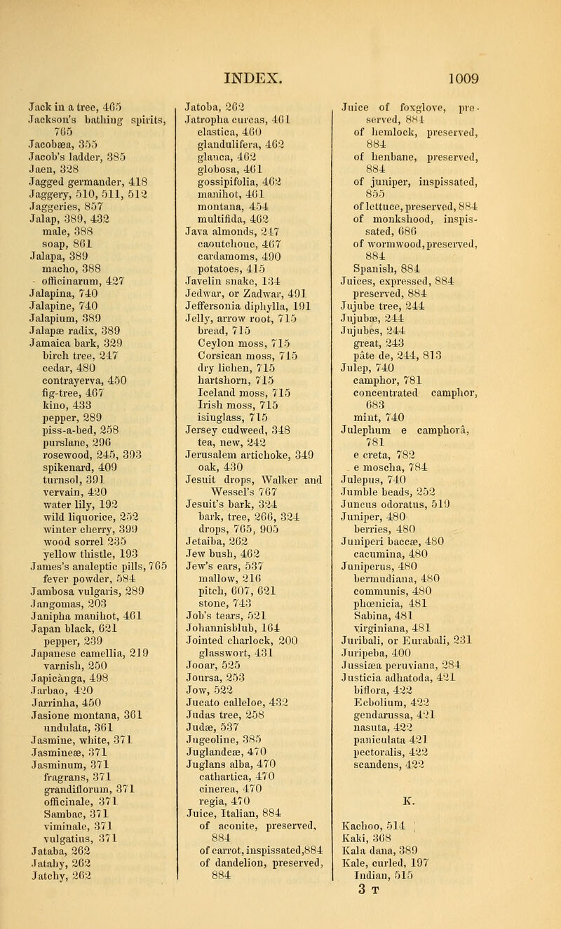 Jack in a tree, 4G5 Jackson's bathing spii-its, 7G5 Jacobaea, 355 Jacob's ladder, 385 Jaen, 328 Jagged germander, 418 Jaggery, 510,511, 512 Jaggeries, 857 Jalap, 380, 432 male, 388 soap, 861 Jalapa, 389 macho, 388 - officinarum, 427 Jalapina, 740 Jalapine, 740 Jalapium, 389 Jalapae radix, 389 Jamaica bark, 329 birch tree, 247 cedar, 480 contrayerva, 450 fig-tree, 467 kino, 433 pepper, 289 piss-a-bed, 258 purslane, 296 rosewood, 245, 393 spikenard, 409 turnsol, 391 vervain, 420 water lily, 192 wild liquorice, 252 winter cherry, 399 wood sorrel 235 yellow thistle, 193 James's analeptic pills, 765 fever powder, 584 Jambosa vulgaris, 289 Jangomas, 203 Janipha mauihot, 461 Japan black, 621 pepper, 239 Japanese camellia, 219 varnish, 250 Japicanga, 498 Jarbao, 420 Jarriuha, 450 Jasione montana, 361 undulata, 361 Jasmine, white, 371 Jasmineae, 371 Jasminum, 371 fragrans, 371 grandiflorum, 371 officinale, 371 Sambac, 371 viminale, 371 vulgatins, 371 Jataba, 262 Jatahy, 262 Jatchy, 262 Jatoba, 262 Jatropha curcas, 461 elastica, 460 glandulifera, 462 glanca, 462 globosa, 461 gossipifolia, 462 manihot, 461 montana, 454 multifida, 462 Java almonds, 247 caoutchouc, 467 cardamoms, 490 potatoes, 415 Javelin snake, 134 Jedwar, or Zadwar, 491 Jefl'ersouia diphylla, 191 Jelly, aiTow root, 715 bread, 715 Ceylon moss, 715 Corsicaii moss, 715 dry lichen, 715 hartshorn, 715 Iceland moss, 715 Irish moss, 715 isinglass, 715 Jersey cudweed, 348 tea, new, 242 Jerusalem artichoke, 349 oak, 430 Jesuit drops. Walker and Wessel's 767 Jesuit's bark, 324 bark, tree, 266, 324 drops, 765, 905 Jetaiba, 262 Jew bush, 462 Jew's ears, 537 mallow, 216 pitch, 607, 621 stone, 743 Job's tears, 521 Johannisblub, 164 Jointed charlock, 200 glasswort, 431 Jooar, 525 Joursa, 253 Jow, 522 Jucato calleloe, 432 Judas tree, 258 Judaj, 537 Jugeoliue, 385 Juglandese, 470 Juglans alba, 470 cathartic a, 470 cinerea, 470 regia, 470 Juice, Italian, 884 of aconite, preserved, 884 of carrot, inspissated,884 of dandelion, preserved, 884 Juice of foxglove, pre- served, 8HJ: of liemlock, preserved, 884 of henbane, preserved, 884 of juniper, inspissated, 855 of lettuce, presei'ved, 884 of monkshood, inspis- sated, 686 of wormwood,presei'ved, 884 Spanish, 884 Juices, expressed, 884 preserved, 884 Jujube tree, 244 Jujuboe, 244 Jujubes, 244 great, 243 pate de, 244, 813 Julep, 740 camphor, 781 concentrated camphor, 683 mint, 740 Juleplium e camphora, 781 e creta, 782 e moscha, 784 Julepus, 740 Jumble beads, 252 Juncus odoratus, 519 Juniper, 480 berries, 480 Juuiperi baccse, 480 cacumina, 480 Juniperus, 480 bermudiana, 480 communis, 480 Phoenicia, 481 Sabina, 481 virginiana, 481 Juribali, or Eurabali, 231 Juripeba, 400 Jussisea peruviana, 284 Justicia adhatoda, 421 biflora, 422 Ecbolium, 422 gendarussa, 421 uasuta, 422 paniculata 421 pectoi-alis, 422 scandens, 422 X. Kachoo, 514 ,' Kaki, 368 Kala dana, 389 Kale, curled, 197 Indian, 515 3 T