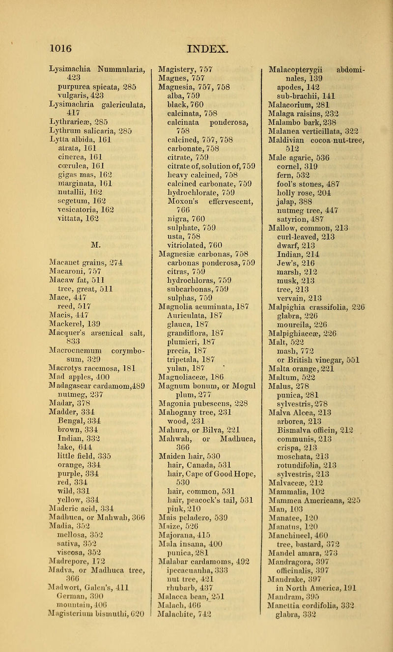 Lysimachia Nummularia, 423 purpurea spicata, 285 vulgaris, 423 Lysimacliria galericulata, 417 LythrariefE, 285 Lythrum salicaria, 285 Lytta albida, 101 atrata, IGl cinerea, 101 cosrulea, 101 gigas mas, 102 mai-ginala, 101 nutallii, 102 segetum, 102 vesicatoria, 102 vittata, 102 M. Macauet gi-aius, 274 Macaroni, 757 Macaw fat, 511 tree, great, 511 Mace, 447 reed, 517 Macis, 447 Mackerel, 139 Macquer's arsenical salt, 833 Macrocnemum corymbo- sum, 329 Macrotys racemosa, 181 Mad apples, 400 Madagascar cardamom,489 nutmeg, 237 Madar, 378 Madder, 334 Bengal, 334 brown, 334 Indiaii, 332 lake, 044 little field, 335 orange, 334 purple, 334 red, 334 wild, 331 yellow, 334 JMaderic acid, 334 jNIadhuoa, or Mubwah, 300 Madia, 352 mellosa, 352 sativa, 352 viseosa, 352 Madrepore, 172 Madva, or Madhuca tree, 300 iMadwort, Galen's, 411 (iermaii, 3!l() mouiitiiin, i(l(j Magislcriiim bismutbi, 020 Magistery, 757 Magnes, 757 Magnesia, 757, 758 alba, 759 black, 700 calcinata, 758 calcinata pouderosa, 758 calcined, 757, 758 carbonate, 758 citrate, 759 citrate of, solution of, 759 lieavy calcined, 758 calcined carbonate, 759 liydrocblorate, 759 Moxou's effervescent, 700 nigra, 700 sulphate, 759 usta, 758 vitriolated, 700 Magnesias carbonas, 758 carbouas ponderosa, 759 citras, 759 hydrochloras, 759 subcarbonas, 759 sulx)lias, 759 Magnolia acuminata, 187 Auriculata, 187 glauca, 187 granditlora, 187 plumieri, 187 precia, 187 tripetala, 187 yulan, 187 Magnoliaceae, 180 Magnum bonum, or Mogul l)lum, 277 Magonia pubescens, 228 Mahogany tree, 231 wood, 231 Mahura, or Bilva, 221 Mahwah, or Madhuca, 300 Maiden hair, 530 hair, Canada, 531 hair, Cape of Good Hope, 530 hair, common, 531 hair, peacock's tail, 531 pink, 210 Mais peladero, 539 M'lizp, 520 Majorana, 415 Mala iusaJia, 400 punica, 281 Malabar cardamoms, 492 ijiecacuanba, 333 nut tree, 421 rliubaib, 437 Malacca bean, 251 Maluch,400 Malachite, 742 Malacopterygii abdomi- nales, 139 apodes, 142 sub-brachii, 141 Malacorium, 281 Malaga raisins, 232 Blalambo bai'k, 238 Malanea verticillata, 322 Maldivian cocoa nut-tree, 512 Male agaric, 530 cornel, 319 fern, 532 fool's stones, 487 holly rose, 204 jalap, 388 nutmeg tree, 447 satyrion, 487 Mallow, common, 213 curl-leaved, 213 dwarf, 213 Indian, 214 Jew's, 210 marsh, 212 musk, 213 tree, 213 vervain, 213 Malpighia crassifolia, 220 glabra, 220 moureila, 220 Malpighiacese, 226 Malt, 522 mash, 772 or British vinegar, 551 Malta orange, 221 Maltum, 522 Malus, 278 punica, 281 sylvestris, 278 Malva Alcea, 213 arborea, 213 Bismalva ofificin, 212 communis, 213 crispa, 213 moschata, 213 rotundifolia, 213 sylvestris, 213 Malvaccas, 212 INIammalia, 102 Mammea Americana, 225 Man, 103 Manatee, 120 Manatus, 120 Mancbineel, 400 tree, liastard, 372 Mandel amara, 273 Mandragora, 307 oJHcinalis, 397 Mandrake, 397 in North America, 191 JManJram, 395 Mancttia cordifolia, 332 glabra, 332