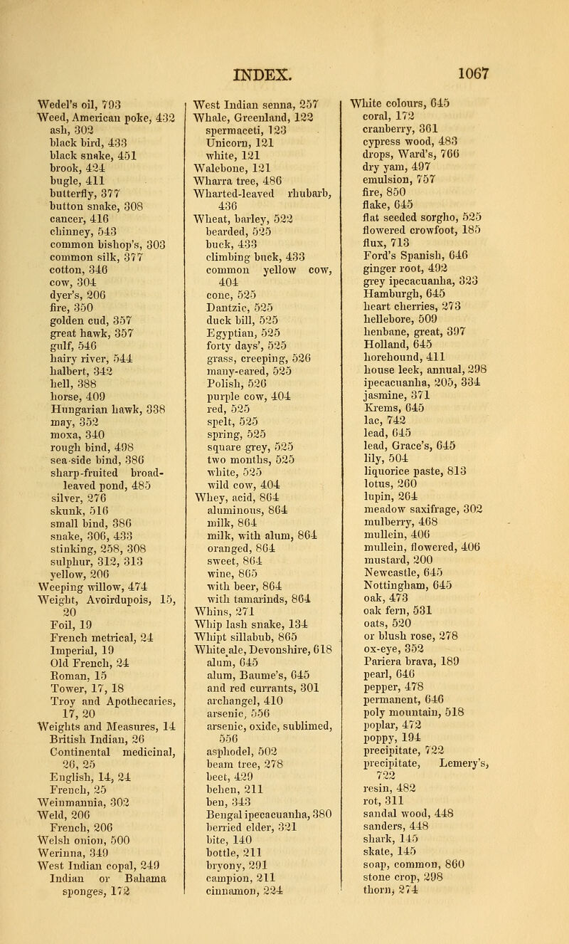 Wedel's oil, 793 Weed, Ameiicau poke, 432 asli, 003 black bird, 433 black simke, 451 brook, 424 bugle, 411 butterfly, 377 button snake, 308 cancer, 416 cliiuney, 543 common bishop's, 303 common silk, 377 cotton, 346 cow, 304 dyer's, 206 fire, 350 golden cud, 357 gi'eat hawk, 357 gulf, 546 hairy river, 544 halbert, 342 hell, 388 horse, 409 Hungarian hawk, 338 may, 352 moxa, 340 rough bind, 498 sea-side bind, 386 sharp-fruited broad- leaved pond, 485 silver, 276 skunk, 516 small bind, 386 snake, 306, 433 stinking, 258, 308 sulphur, 312, 313 yellow, 206 Weeping willow, 474 Weight, Avoirdupois, 15, 20 Foil, 19 French metrical, 24 Imperial, 19 Old French, 24 Eoman, 15 Tower, 17, 18 Troy and Apothecaries, 17,20 Weights and Measures, 14 British Indian, 26 Continental medicinal, 26, 25 English, 14, 24 French, 25 Weiumannia, 002 Weld, 206 French, 206 Welsh onion, 500 Weriuna, 349 West Indian copal, 249 Indian or Bahama sponges, 173 West Indian senna, 257 Whale, Greenland, 122 spermaceti, 123 Unicom, 121 white, 121 Walebone, 121 Wharra tree, 486 Whai-ted-leaved rhubarb, 436 Wheat, bariey, 522 bearded, 525 buck, 433 climbing buck, 433 common yellow cow, 404 cone, 525 Dautzic, 525 duck bill, 525 Egyptian, 525 forty days', 525 grass, creeping, 526 many-eared, 525 Polish, 526 purple cow, 404 red, 525 spelt, 525 spring, 525 square gi'ey, 525 two mouths, 525 white, 525 wild cow, 404 Whey, acid, 864 aluminous, 864 milk, 864 milk, with alum, 864 oranged, 864 sweet, 864 wine, 865 with beer, 864 with tamarinds, 864 Whins, 271 Whip lash snake, 134 Whipt sillabub, 865 White_ale, Devonshire, 618 alum, 645 alum, Baume's, 645 and red currants, 301 archangel, 410 arsenic, 556 arsenic, oxide, sublimed, 556 asphodel, 502 beam tree, 278 beet, 429 beheu, 211 ben, 343 Bengal ipecacuanha, 380 berried elder, 321 bite, 140 bottle, 211 bryony, 291 campion, 211 cinnamon, 224 Wliite colours, 645 coral, 172 cranberry, 361 cypress wood, 483 drops, Wai-d's, 766 dry yam, 497 emulsion, 757 fire, 850 flake, 645 flat seeded sorgho, 525 flowered crowfoot, 185 flux,713 Ford's Spanish, 646 ginger root, 492 gi'ey ipecacuanha, 323 Hamburgh, 645 heart cherries, 273 hellebore, 509 henbane, great, 397 Holland, 645 horehound, 411 house leek, annual, 298 ipecacuanha, 205, 334 jasmine, 371 Kj-ems, 645 lac, 742 lead, 645 lead, Grace's, 645 lily, 504 liquorice paste, 813 lotus, 260 lupin, 264 meadow saxifrage, 302 mulberry, 468 mullein, 406 mullein, flowered, 406 mustard, 200 Newcjistle, 645 Nottingham, 645 oak, 473 oak fern, 581 oats, 520 or blush rose, 278 ox-eye, 352 Pariera brava, 189 pearl, 640 pepper, 478 permanent, 646 poly mountain, 518 poplar, 472 poppy, 194 precipitate, 722 precipitate, Lemery'Sj 722 resin, 482 rot, 311 sandal wood, 448 Sanders, 448 shark, 145 skate, 145 soap, common, 860 stone crop, 298 thornj 274