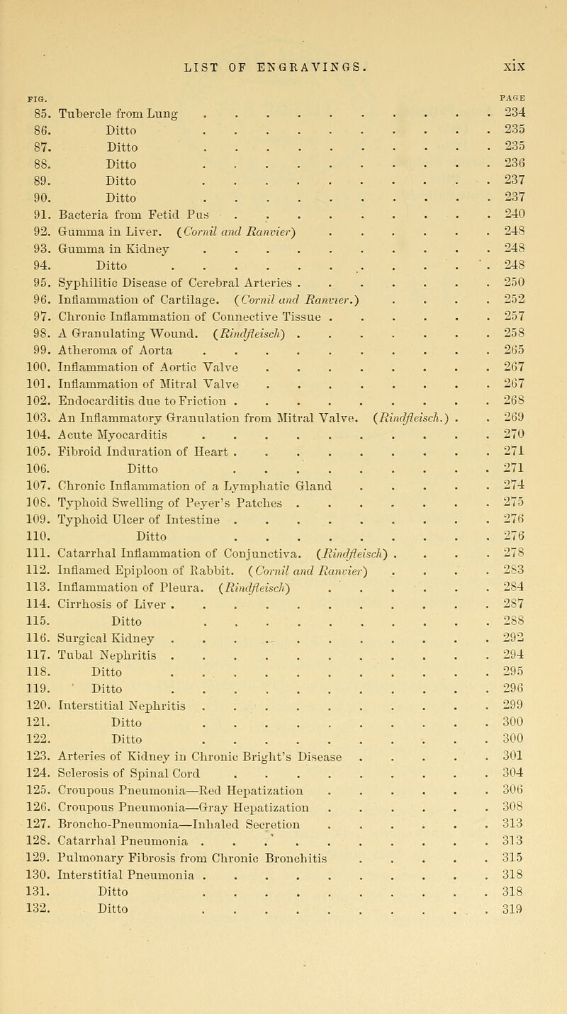 FIG. PAGE 85. Tubercle from Liiiig . . 234 86. Ditto 235 87. Ditto 235 88. Ditto 236 89. Ditto . 237 90. Ditto 237 91. Bacteria from Fetid Pari . .240 92. Gumma in Liver. (^Cornil and Ranvier) . . . . . . 248 93. Gumma in Kidney .......... 248 94. Ditto . . ■ . ■ . 248 95. Syphilitic Disease of Cerebral Arteries . . . . . . . 250 96. Inflammation of Cartilage. (Cornil and Ranvier.) .... 252 97. Chronic Inflammation of Connective Tissue ...... 257 98. A Granulating Wound. (Rindjleisch) 258 99. Atheroma of Aorta 265 100. Inflammation of Aortic Valve ........ 267 101. Inflammation of Mitral Valve ........ 267 102. Endocarditis due to Friction ......... 268 103. An Inflammatory Granulation from Mitral Valve. (Rindjleisch.) . . 269 104. Acute Myocarditis 270 105. Fibroid Induration of Heart ......... 271 106. Ditto . . 271 107. Chronic Inflammation of a Lymphatic Gland ..... 274 108. Typhoid Swelling of Peyer's Patches 275 109. Typhoid Ulcer of Intestine 276 110. Ditto . 276 111. Catarrhal Inflammation of Conjunctiva. {Rindfleisch) .... 278 112. Inflamed Ej)iploon of Rabbit. {Cornil and Ranvier) .... 283 113. Inflammation of Pleura. (Rindjieisch) . ' . . . . .284 114. Cirrhosis of Liver 287 115. Ditto 288 116. Surgical Kidney . . . ._ 292 117. Tubal Nephritis 294 118. Ditto . . . . .295 119. Ditto 296 120. Interstitial Nephritis . 299 121. Ditto 300 122. Ditto 300 123. Arteries of Kidney in Chronic Bright's Disease 301 124. Sclerosis of Spinal Cord 304 125. Croupous Pneumonia—Red Hepatization ...... 306 126. Croupous Pneumonia—Gray Hepatization ...... 308 127. Broncho-Pneumonia—Inhaled Secretion . . . . . . 313 128. Catarrhal Pneumonia . . .' . . . . . , .313 129. Pulmonary Fibrosis from Chronic Bronchitis 315 130. Interstitial Pneumonia .......... 318 131. Ditto . .318 132. Ditto , . . ... 319