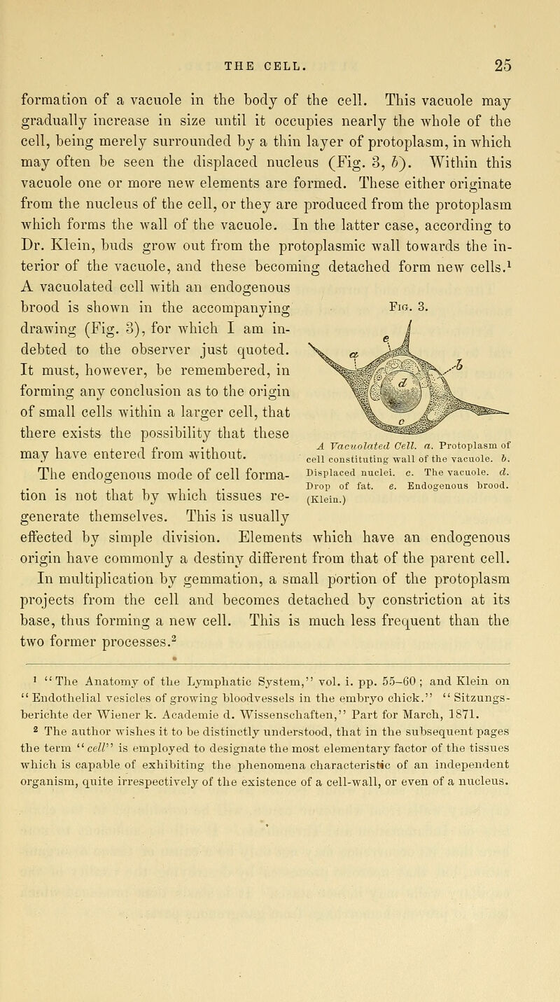 Fia. 3. formation of a vacuole in the body of the cell. This vacuole may gradually increase in size until it occupies nearly the whole of the cell, being merely surrounded by a thin layer of protoplasm, in which may often be seen the displaced nucleus (Fig. 3, 5). Within this vacuole one or more new elements are formed. These either originate from the nucleus of the cell, or they are produced from the protoplasm which forms the wall of the vacuole. In the latter case, according to Dr. Klein, buds grow out from the protoplasmic wall towards the in- terior of the vacuole, and these becoming detached form new cells.^ A vacuolated cell with an endogenous brood is shown in the accompanying drawing (Fig. 3), for which I am in- debted to the observer just quoted. It must, however, be remembered, in forming any conclusion as to the origin of small cells within a larger cell, that there exists the possibility that these may have entered from Avithout. The endogenous mode of cell forma- tion is not that by which tissues re- generate themselves. This is usually eifected by simple division. Elements which have an endogenous origin have commonly a destiny different from that of the parent cell. In multiplication by gemmation, a small portion of the protoplasm projects from the cell and becomes detached by constriction at its base, thus forming a new cell. This is much less frequent than the two former processes.^ A Vacuolated Cell. a. Protoplasm of ceU constituting waU of the vacuole, b. Displaced nuclei, e. The vacuole, cl. Drop of fat. e. Endogenous brood. (Klein.) J The Anatomy of the Lymphatic System, vol. i. pp. 55-60; and Klein on  Endothelial vesicles of growing bloodvessels in the embryo chick.  Sitzungs- berichte der Wiener k. Academie d. Wissenschaften, Part for March, 1871. 2 The author wishes it to be distinctly understood, that in the subsequent pages the term  ceW is employed to designate the most elementary factor of the tissues which is capable of exhibiting the phenomena characteristic of an independent organism, quite irrespectively of the existence of a cell-wall, or even of a nucleus.