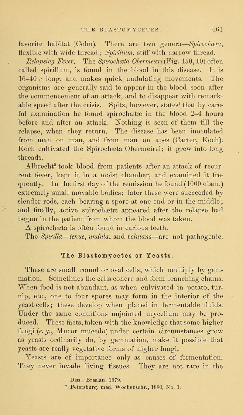 favorite habitat (Cohii). There are two genera—ISplroehmta, flexible with wide thread; Spirillum, stiff with narrow thread. Relapsing Fever. The Spirochceta Obermeie7i(F\g. 150,10) often called spirillum, is found in the blood in this disease. It is 16-40 fi long, and makes quick undulating movements. The organisms are generally said to appear in the blood soon after the commencement of an attack, and to disappear with remark- able speed after the crisis. Spitz, however, states^ that by care- ful examination he found spirochsetse in the blood 2-4 hours before and after an attack. Nothing is seen of them till the relapse, when they return. The disease has been inoculated from man on man, and from man on apes (Carter, Koch). Koch cultivated the Spirochaeta Obermeirei; it grew into long threads. Albrecht^ took blood from patients after an attack of recur- rent fever, kept it in a moist chamber, and examined it fre- quently. In the first day of the remission he found (1000 diam.) extremely small movable bodies; later these were succeeded by slender rods, each bearing a spore at one end or in the middle; and finally, active spirochsetse appeared after the relapse had begun in the patient from whom the blood was taken. A spirochseta is often found in carious teeth. The Spirilla—tenue, undida, and volutans—are not pathogenic. The Blastomycetes or Yeasts. These are small round or oval cells, which multiply by gem- mation. Sometimes the cells cohere and form branching chains. When food is not abundant, as when culvivated in potato, tur- nip, etc., one to four spores may form in the interior of the yeast cells; these develop when placed in fermentable fluids. Under the same conditions unjointed mycelium may be pro- duced. These facts, taken with the knowledge that some higher fungi (<?.^., Mucor mucedo) under certain circumstances grow as yeasts ordinarily do, by gemmation, make it possible that yeasts are really vegetative forms of higher fungi. Yeasts are of importance only as causes of fermentation. They never invade living tissues. They are not rare in the 1 Diss., Breslau, 1879. 2 Petersburg, med. Wochenschr., 1880, No. 1.