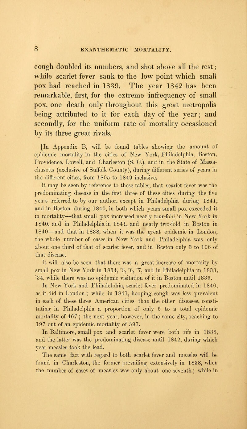 cough doubled its numbers, and shot above all the rest; while scarlet fever sank to the low point which small pox had reached in 1839. The year 1842 has been remarkable, first, for the extreme infrequency of small pox, one death only throughout this great metropolis being attributed to it for each day of the year; and secondly, for the uniform rate of mortality occasioned by its three great rivals. [In Appendix B, will be found tables showing the amount of epidemic mortality in the cities of New York, Philadelphia, Boston, Providence, Lowell, and Charleston (S. C), and in the State of Massa- chusetts (exclusive of Suffolk County), during different series of years in the different cities, from 1805 to 1849 inclusive. It may be seen by reference to these tables, that scarlet fever was the predominating disease in the first three of these cities during the five years referred to by our author, except in Philadelphia during 1841, and in Boston during 1840, in both which years small pox exceeded it. in mortality—that small pox increased nearly four-fold in New York in 1840, and in Philadelphia in 1841, and nearly two-fold in Boston in 1840—and that in 1838, when it was the great epidemic in London, the whole number of cases in New York and Philadelphia was only about one third of that of scarlet fever, and in Boston only 3 to 106 of that disease. It will also be seen that there was a great increase of mortality by small pox in New York in 1834, '5, '6, '7, and in Philadelphia in 1833, '34, while there was no epidemic visitation of it in Boston until 1839. In New York and Philadelphia, scarlet fever predominated in 1840, as it did in London ; while in 1841, hooping cough was less prevalent in each of these three American cities than the other diseases, consti- tuting in Philadelphia a proportion of only 6 to a total epidemic mortality of 467 ; the next year, however, in the same city, reaching to 19*7 out of an epidemic mortality of 597. In Baltimore, small pox and scarlet fever were both rife in 1838, and the latter was the predominating disease until 1842, during which year measles took the lead. The same fact with regard to both scarlet fever and measles will be found in Charleston, the former prevailing extensively in 1838, when the number of cases of measles was only about one seventh; while in