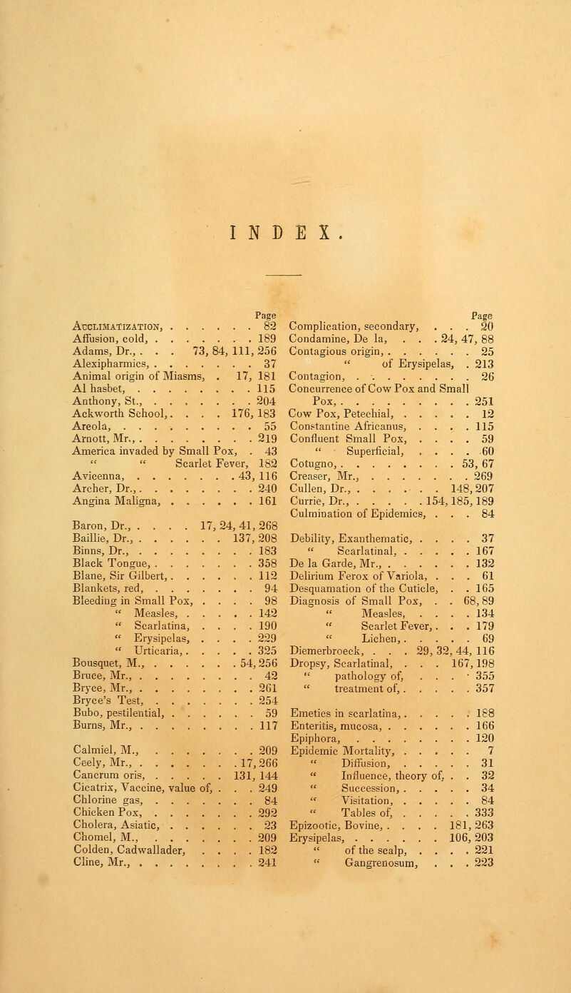 INDEX. Acclimatization, 82 Affusion, cold, 189 Adams, Dr., ... 73, 84, 111, 256 Alexipharmics, 37 Animal origin of Miasms, . 17, 181 Al hasbet, 115 Anthony, St., ....... 204 Ackworth School,.... 176, 183 Areola, 55 Arnott, Mr., 2l9 America invaded by Small Pox, . 43   Scarlet Fever, 182 Avieenna, 43, 116 Archer, Dr., 240 Angina Maligna, 161 Baron, Dr., .... 17, 24, 41, 268 Baillie, Dr., 137, 208 Binns, Dr., 183 Black Tongue, 358 Blane, Sir Gilbert, 112 Blankets, red, . 94 Bleeding in Small Pox, .... 98  Measles, 142  Scarlatina, .... 190  Erysipelas, .... 229  Urticaria, 325 Bousquet, M., 54,256 Bruce, Mr., 42 Bryce, Mr., 261 Bryce's Test, ....... 254 Bubo, pestilential, 59 Burns, Mr., 117 Calmiel, M., 209 Ceely, Mr., 17,266 Cancrum oris, 131, 144 Cicatrix, Vaccine, value of, . . , 249 Chlorine gas, 84 Chicken Pox, 292 Cholera, Asiatic, 23 Chomel, M., 209 Colden, Cadwallader, .... 182 Cline, Mr., 241 Complication, secondary, ... 20 Condamine, De la, ... 24, 47, 88 Contagious origin, 25  of Erysipelas, . 213 Contagion, 26 Concurrence of Cow Pox and Small Pox, 251 Cow Pox, Petechial, ..... 12 Constantine Africanus, . . . .115 Confluent Small Pox, .... 59  Superficial, . . . .60 Cotugno, 53, 67 Creaser, Mr., 269 Cullen, Dr., 148, 207 Currie, Dr., 154,185,189 Culmination of Epidemics, ... 84 Debility, Exanthematic, .... 37  Scarlatinal, 167 De la Garde, Mr., 132 Delirium Ferox of Variola, ... 61 Desquamation of the Cuticle, . .165 Diagnosis of Small Pox, . . 68,89 Measles, .... 134  Scarlet Fever,. . .179  Lichen, 69 Diemerbroeck, ... 29, 32, 44, 116 Dropsy, Scarlatinal, . . . 167,198  pathology of, . . . ■ 355  treatment of,.... . 357 Emetics in scarlatina,. . . . ; 188 Enteritis, mucosa, 166 Epiphora, 120 Epidemic Mortality, 7  Diffusion, 31  Influence, theory of, . . 32  Succession, 34  Visitation, 84 Tables of, 333 Epizootic, Bovine, .... 181, 263 Erysipelas, 106,203 of the scalp, .... 221 '*' Gangrenosum, . . . 223