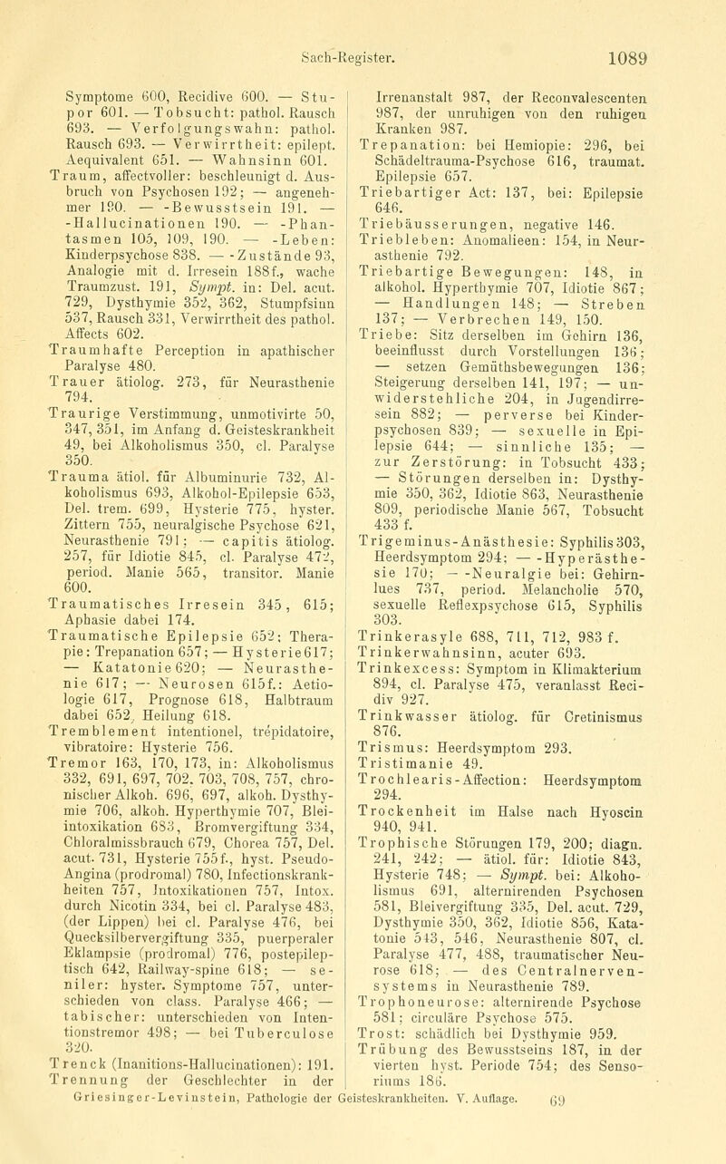 Symptome 600, Recidive 600. — Stu- por 601. —Tobsucht: pathol. Rausch 693. — Verfolgungswahn: pathol. Rausch 693. — Verwirrtheit: epilept. Aequivalent 651. — Wahnsinn 601. Traum, affectvoller: beschleunigt d. Aus- bruch von Psychosen 192; — angeneh- mer 190. — -Bewusstsein 191. — -Hallucinationeu 190. — -Phan- tasmen 105, 109, 190. — -Leben: Kinderpsychose 838. — -Zustände 93, Analogie mit d. Irresein 1881, wache Traumzust. 191, Sympt. in: Del, acut. 729, Dysthymie 352, 362, Stumpfsinn 537, Rausch 331, Verwirrtheit des pathol. Affects 602. Traumhafte Perception in apathischer Paralyse 480. Trauer ätiolog. 273, für Neurasthenie 794. Traurige Verstimmung, unmotivirte 50, 347,351, im Anfang d. Geisteskrankheit 49, bei Alkoholismus 350, cl. Paralyse 350. Trauma ätiol. für Albuminurie 732, Al- koholismus 693, Alkohol-Epilepsie 653, Del. trem. 699, Hysterie 775, hyster. Zittern 755, neuralgische Psychose 621, Neurasthenie 79!; — capitis ätiolog. 257, für Idiotie 845, cl. Paralyse 472, period. Manie 565, transitor. Manie 600. Traumatisches Irresein 345, 615; Aphasie dabei 174. Traumatische Epilepsie 652; Thera- pie: Trepanation 657; — Hysterie617; — Katatonie 620; — Neurasthe- nie 617; — Neurosen 615f.: Aetio- logie 617, Prognose 618, Halbtraum dabei 652,. Heilung 618. Tremblement intentionel, trepidatoire, vibratoire: Hysterie 756. Tremor 163, 170, 173, in: Alkoholismus 332, 691, 697, 702. 703, 708, 757, chro- nischer Alkoh. 696, 697, alkoh. Dysthy- mie 706, alkoh. Hyperthymie 707, Blei- intoxikation 683, ßromvergiftung 334, Chloralmissbrauch 679, Chorea 757, Del. acut. 731, Hysterie 755 f., hyst. Pseudo- Angina (prodromal) 780, Infectionskrank- heiten 757, Intoxikationen 757, Intox. durch Nicotin 334, bei cl. Paralyse 483, (der Lippen) hei cl. Paralyse 476, bei Quecksilbervergiftung 335, puerperaler Eklampsie (prodromal) 776, postepilep- tisch 642, Railway-spine 618; — se- niler: hyster. Symptome 757, unter- schieden von class. Paralyse 466; — tabischer: unterschieden von Inten- tionstremor 498; — bei Tuberculose 320. Trenck (Inanitions-Hallucinationen): 191. Trennung der Geschlechter in der Griesinger-Levinstein, Pathologie der Irrenanstalt 987, der Reconvalescenten 987, der unruhigen von den ruhigen Kranken 987. Trepanation: bei Hemiopie: 296, bei Schädeltrauma-Psychose 616, traumat. Epilepsie 657. Triebartiger Act: 137, bei: Epilepsie 646. Triebäusserungen, negative 146. Triebleben: Anomalieen: 154, in Neur- asthenie 792. Triebartige Bewegungen: 148, in alkohol. Hyperthymie 707, Idiotie 867; — Handlungen 148; — Streben 137; — Verbrechen 149, 150. Triebe: Sitz derselben im Gehirn 136, I beeinüusst durch Vorstellungen 136; — setzen Gemüthsbewegungen 136; I Steigerung derselben 141, 197; — un- I widerstehliche 204, in Jugendirre- sein 882; — perverse bei Kinder- psychosen 839; — sexuelle in Epi- lepsie 644; — sinnliche 135; — zur Zerstörung: in Tobsucht 433; — Störungen derselben in: Dysthy- mie 350, 362, Idiotie 863, Neurasthenie 809, periodische Manie 567, Tobsucht 433 f. Trigeminus-Anästhesie: Syphilis303, Heerdsymptom 294; Hyperästhe- sie 170; Neuralgie bei: Gehirn- lues 737, period. Melancholie 570, sexuelle Reflexpsychose 615, Syphilis 303. Trinkerasyle 688, 711, 712, 983 f. Trinkerwahnsinn, acuter 693. Trinkexcess: Symptom in Klimakterium 894, cl. Paralyse 475, veranlasst Reci- div 927. Trinkwasser ätiolog. für Gretinismus 876. Trismus: Heerdsymptom 293. Tristimanie 49. Trochlearis- Affection: Heerdsymptom 294. Trockenheit im Halse nach Hyoscin 940, 941. Trophische Störuugen 179, 200; diagn. 241, 242; — ätiol. für: Idiotie 843, Hysterie 748; — Sympt. bei: Alkoho- lismus 691, alternirenden Psychosen 581, Bleivergiftung 335, Del. acut. 729, Dysthymie 350, 362, Idiotie 856, Kata- tonie 513, 546, Neurasthenie 807, cl. Paralyse 477, 488, traumatischer Neu- rose 618; — des Centralnerven- systems in Neurasthenie 789. Trophoneurose: alternirende Psychose 581; circuläre Psychose 575. Trost: schädlich bei Dysthymie 959. Trübung des Bewusstseins 187, in der vierten hyst. Periode 754; des Senso- riums 186. Geisteskrankheiten. V. Auflage. (jy