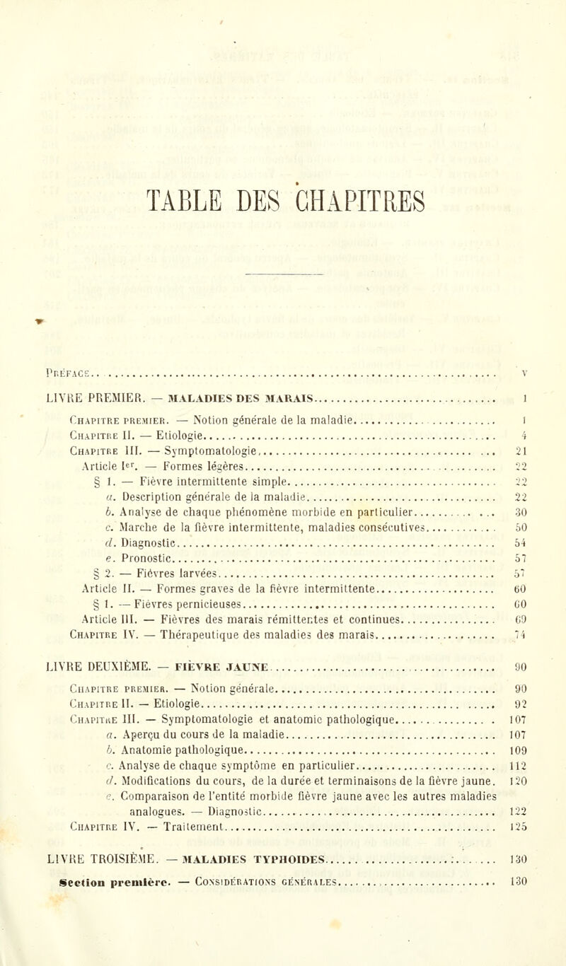 TABLE DES CHAPITRES Préface.. v LIVHE PREMIER. — MALADIES DES MARAIS 1 Chapitre premier. — Notion générale de la maladie l Chapitre II. — Eliologie 4 Chapitre III. — Symptomatologie 21 Article I^. — Formes légères 22 § 1. — Fièvre intermittente simple 22 «. Description générale de la maladie 22 b. Analyse de chaque phénomène morbide en parliculier 30 c. Marche de la fièvre intermittente, maladies consécutives 60 cl. Diagnostic 54 e. Pronostic 57 § 2. — Fièvres larvées 51 Article II. — Formes graves de la fièvre intermittente 60 § 1. — Fièvres pernicieuses GO Article III. — Fièvres des marais rémittentes et continues 09 Chapitre IV. — Thérapeutique des maladies des marais 74 LIVRE DEUXIÈME. — FIÈVRE JAUNE 90 Chapitre premier. — Notion générale 90 Chapitre II. — Etiologie 92 Chapiïke III. — Symptomatologie et anatomic pathologique 107 a. Aperçu du cours de la maladie 107 b. Anatomie pathologique 109 c. Analyse de chaque symptôme en particulier 112 d. Modifications du cours, de la durée et terminaisons de la lièvre jaune. 120 c. Comparaison de l'entité morbide fièvre jaune avec les autres maladies analogues. — Diagnostic 122 Chapitre IV. — Traitement 125 LIVRE TROISIÈME. —MALADIES TYPHOÏDES 130 Section première. — Considérations générales 130