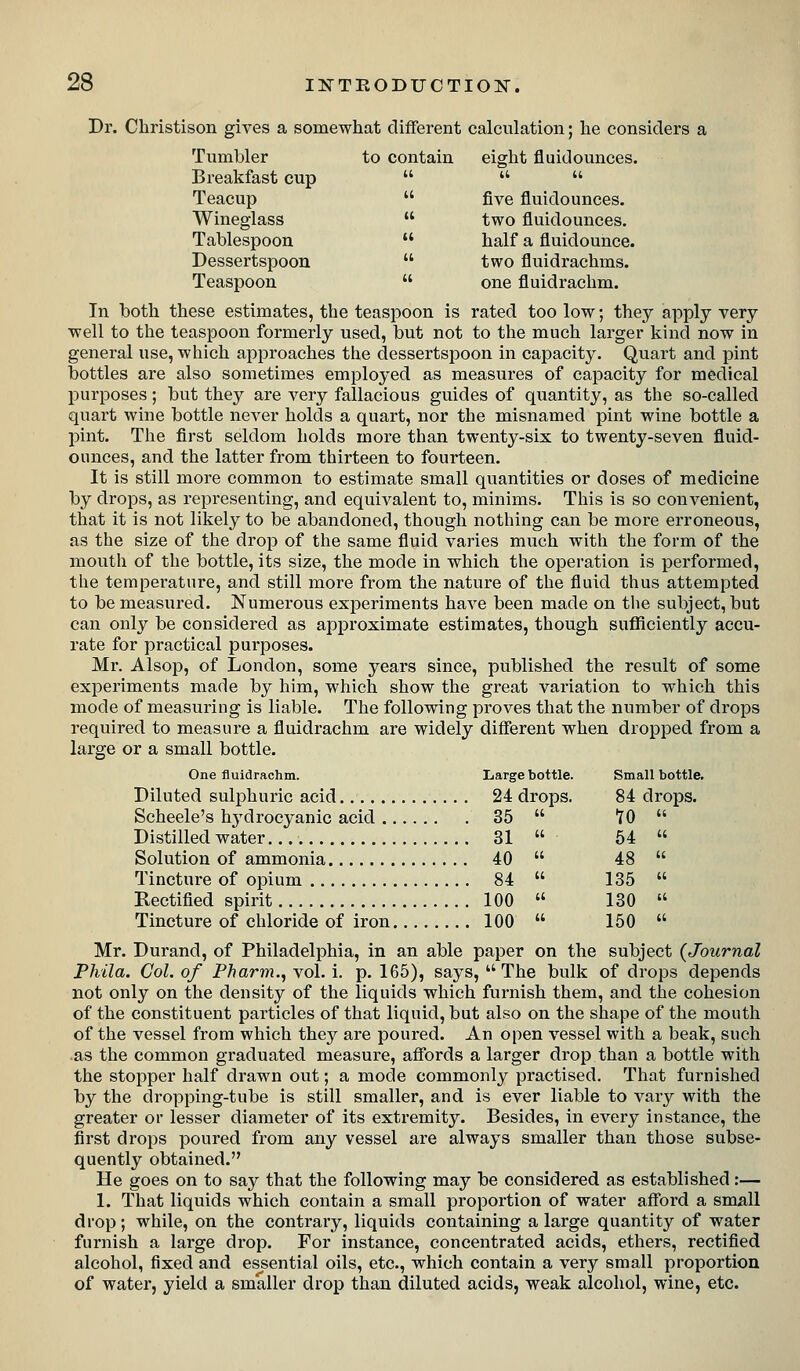 Dr. Christison gives a somewhat different calculation; he considers a Tumbler to contain eight fluidounces. Breakfast cup    Teacup  five fluidounces. Wineglass  two fluidounces. Tablespoon  half a fluidounce. Dessertspoon  two fluidrachms. Teaspoon  one fluidrachm. In both these estimates, the teaspoon is rated too low; they apply very well to the teaspoon formerly used, but not to the much larger kind now in general use, which approaches the dessertspoon in capacity. Quart and pint bottles are also sometimes employed as measures of capacity for medical purposes; but they are very fallacious guides of quantity, as the so-called quart wine bottle never holds a quart, nor the misnamed pint wine bottle a pint. The first seldom holds more than twenty-six to twenty-seven fiuid- ounces, and the latter from thirteen to fourteen. It is still more common to estimate small quantities or doses of medicine by drops, as representing, and equivalent to, minims. This is so convenient, that it is not likely to be abandoned, though nothing can be more erroneous, as the size of the drop of the same fluid varies much with the form of the mouth of the bottle, its size, the mode in which the operation is performed, the temperature, and still more from the nature of the fluid thus attempted to be measured. Numerous experiments haA^e been made on the subject, but can only be considered as approximate estimates, though sufficiently accu- rate for practical purposes. Mr. Alsop, of London, some years since, published the result of some experiments made by him, which show the great variation to which this mode of measuring is liable. The following proves that the number of drops required to measure a fluidrachm are widely different when dropped from a large or a small bottle. One fluidrachm. Large bottle. Small bottle. Diluted sulphuric acid 24 drops. 84 drops. Scheele's hj^drocyanic acid 35  TO  Distilled water 31  54  Solution of ammonia 40  48  Tincture of opium 84  135  Rectified spirit 100  130  Tincture of chloride of iron 100  150  Mr. Durand, of Philadelphia, in an able paper on the subject {Journal Phila. Col. of Pharm., vol. i. p. 165), says, The bulk of drops depends not only on the density of the liquids which furnish them, and the cohesion of the constituent particles of that liquid, but also on the shape of the mouth of the vessel from which they are poured. An oi)en vessel with a beak, such as the common graduated measui'e, affords a larger drop than a bottle with the stopper half drawn out; a mode commonly practised. That furnished by the dropping-tube is still smaller, and is ever liable to vary with the greater or lesser diameter of its extremity. Besides, in every instance, the first drops poured from any vessel are always smaller than those subse- quently obtained. He goes on to say that the following may be considered as established:— 1. That liquids which contain a small proportion of water afford a small drop; while, on the contrary, liquids containing a large quantity of water furnish a large drop. For instance, concentrated acids, ethers, rectified alcohol, fixed and essential oils, etc., which contain a very small proportion of water, yield a smaller drop than diluted acids, weak alcohol, wine, etc.