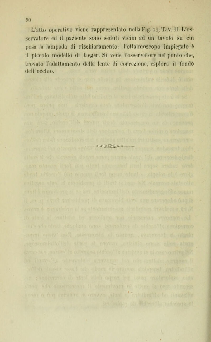 PO L'alio operativo viene rappresentalo nella Fig. 1 i.Tav. II. L'os- servatore ed il paziente sono seduli vicini ad un tavolo su cui posa la lampada di rischiaramento: l'ollalmoscopo impiegato è il piccolo modello di Jaeger. Si vede l'osservatore nel punto che, trovalo l'adallamento della lente di correzione, esplora il fondo dell'occhio.