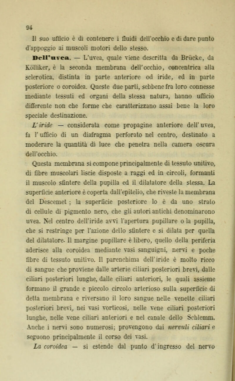 11 suo ufficio è di contenere i fluidi dell'occhio e di dare punto d'appoggio ai muscoli motori dello stess Dell'urea, — L'uvea, quale viene descritta da Brùcke, da Kòlliter. è la seconda membrana dell'occhio, concentrica alla sclerotica, distinta in parte anteriore od iride, ed in parte posteriore o coroidea. Queste due parli, sebbene fra loro connesse mediante tessuti ed organi della stessa natura, hanno ufficio differente non che forme che caratterizzano assai bene la loro speciale destinazione. L'iride — considerata come propagine anteriore dell'uvea, fa l'ufficio di un diafragma perforato nel centro, destinato a moderare la quantità di luce che penetra nella camera oscura dell'occhio. Questa membrana si compone principalmente di tessuto unitivo, di fibre muscolari liscie disposte a raggi ed in circoli, formanti il muscolo sfintere della pupilla ed il dilatatore della slessa. La superfìcie anteriore è coperta dall'epitelio, che riveste la membrana del Descemet ; la superficie posteriore lo è da uno strato di cellule di pigmento nero, che gli autori antichi denominarono uvea. Nel centro dell'iride avvi l'apertura pupillare o la pupilla, che si restringe per l'azione dello sfintere e si dilata per quella del dilatatore. Il margine pupillare è libero, quello della periferia aderisce alla coroidea mediante vasi sanguigni, nervi e poche fibre di tessuto unitivo. Il parenchima dell'iride è molto ricco di sangue che proviene dalle arterie ciliari posteriori brevi, dalle ciliari posteriori lunghe, dalle ciliari anteriori, le quali assieme formano il grande e piccolo circolo arterioso sulla superfìcie di detta membrana e riversano il loro sangue nelle venelte ciliari posteriori brevi, nei vasi vorticosi, nelle vene ciliari posteriori lunghe, nelle vene ciliari anteriori e nel canale dello Schlemm. Anche i nervi sono numerosi: provengono dai nervuli ciliari e seguono principalmente il corso dei vasi. La coroidea — si estende dal punto d'ingresso del nervo