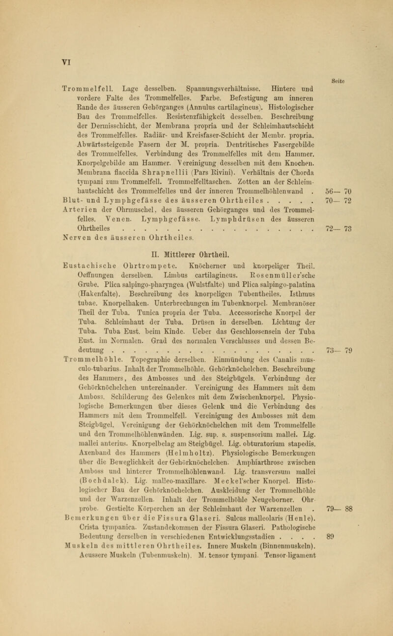 Seite Trommelfell. Lage desselben. Spannungsverhältnisse. Hintere und vordere Falte des Trommelfelles. Farbe. Befestigung am inneren Eande des äusseren Gehörganges (Annulus cartilagineus}. Histologischer Bau des Trommelfelles. Resistenzfähigkeit desselben. Beschreibung der Dermisschicht, der Membrana propria und der Schleimhautschicht des Trommelfelles. Radiär- und Kreisfaser-Schicht der Membr. propria. Abwärtssteigende Fasern der M. propria. Dentritisches Fasergebilde des Trommelfelles. Verbindung des Trommelfelles mit dem Hammer. Knorpelgebilde am Hammer. Vereinigung desselben mit dem Knochen. Membrana flaccida Shrapnellii (Pars Rivini). Verhältnis der Chorda tympani zum Trommelfell. Trommelfelltaschen. Zotten an der Schleim- hautschicht des Trommelfelles und der inneren Trommelhöhlenwand . 56— 70 Blut- und Lymphgefässe des äusseren Ohrtheiles 70— 72 Arterien der Ohrmuschel, des äusseren Gehörganges und des Trommel- felles. Venen. Lymphgefässe. Lymphdrüsen des äusseren Ohrtheiles 72— 73 Nerven des äusseren Ohrtheiles. IL Mittlerer Ohrtheil. Eustachische Ohrtrompete. Knöcherner und knorpeliger Theil. Oeifnungen derselben. Limbus cartilagineus. Rosenmüll er'sche Grube. Plica salpingo-pharyngea (Wulstfalte) und Plica salpingo-palatina (Hakenfalte). Beschreibung des knorpeligen Tubentheiles. Isthmus tubae. Knorpelhaken. Unterbrechungen im Tubenknorpel. Membranöser Theil der Tuba. Tunica propria der Tuba. Accessorische Knorpel der Tuba. Schleimhaut der Tuba. Drüsen in derselben. Lichtung der Tuba. Tuba Eust. beim Kinde. Ueber das Geschlossensein der Tuba Eust. im Normalen. Grad des normalen Verschlusses und dessen Be- deutung 73— 79 Trommelhöhle. Topographie derselben. Einmündung des Canalis mus- culo-tubarius. Inhalt der Trommelhöhle. Gehörknöchelchen. Beschreibung des Hammers, des Ambosses und des Steigbügels. Verbindung der Gehörknöchelchen untereinander. Vereinigung des Hammers mit dem Amboss. Schilderung des Gelenkes mit dem Zwischenknorpel. Physio- logische Bemerkungen über dieses Gelenk und die Verbindung des Hammers mit dem Trommelfell. Vereinigung des Ambosses mit dem Steigbügel. Vereinigung der Gehörknöchelchen mit dem Trommelfelle und den Trommelhöhlenwänden. Lig. sup. s. Suspensorium mallei. Lig. mallei anterius. Knorpelbelag am Steigbügel. Lig. obturatorium stapedis. Axenband des Hammers (Helmholtz). Physiologische Bemerkungen über die Beweglichkeit der Gehörknöchelchen. Amphiarthrose zwischen Amboss und hinterer Tronunelhöhlenwand. Lig. transversuni mallei (Bochdalek). Lig. nialleo-maxillarc. Meckel'scher Knorpel. Histo- logischer Bau der Gehörknöchelchen. Auskleidung der Trommelhöhle und der Warzen/eilen. Inhalt der Trommelhöhle Neugeborner. Ohr probe. Gestielte Körperchen an der Schleimhaut der Warzenzellen . 79— 88 Bemerkungen über die Fissura Glaseri. Sulcus malleolaris (Henle). Crista tympanica. Zustandekommen der Fissura Glaseri. Pathologische Bedeutung derselben in verschiedenen Entwicklungsstadien .... 89 Muskeln des mittleren Ohrtheiles. Innere Muskeln (Binnenmuskeln). Aeussere Muskeln (Tubenmuskeln). M. tensor tympani. Tensor-ligament