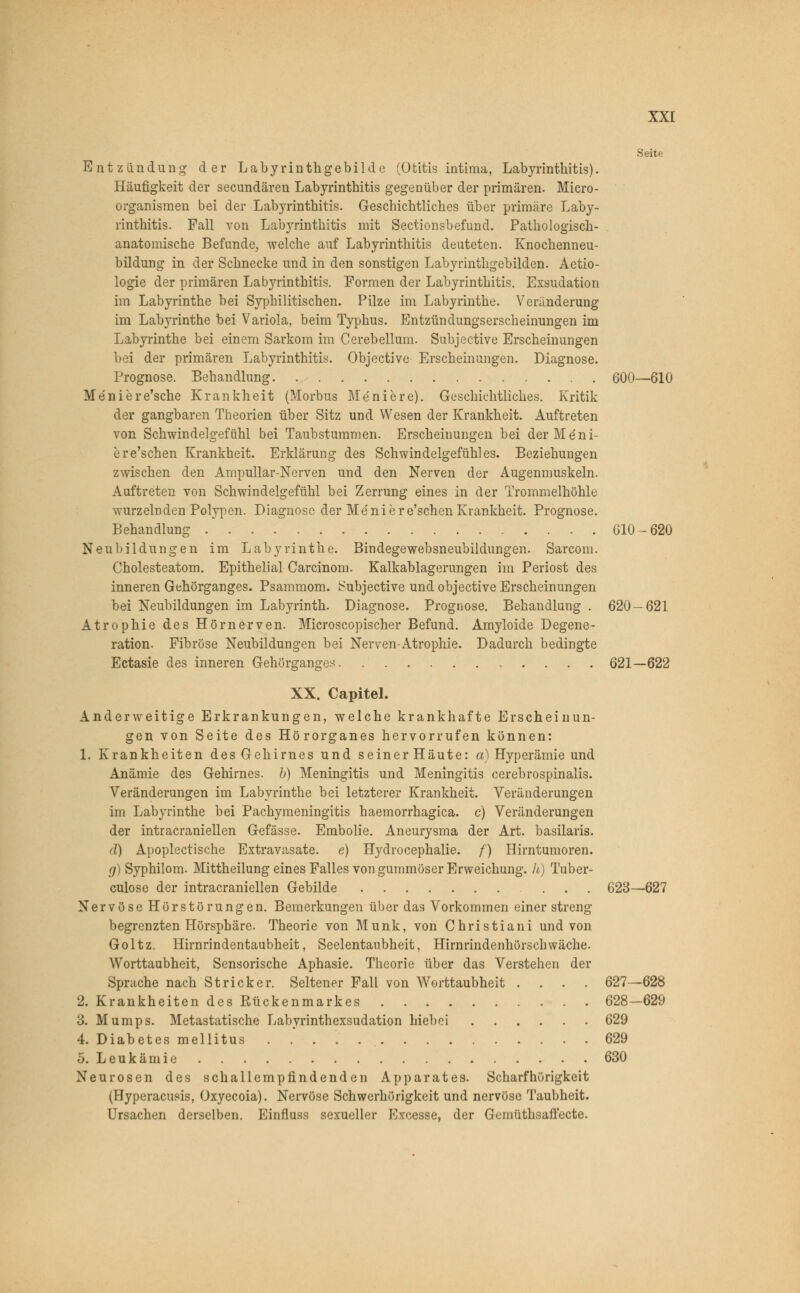 xxr Seite Entzündung- der Labyrinthgebilde (Otitis intima, Labyrinthitis). Häufigkeit der secundären Labyrinthitis gegenüber der primären. Micro- organismen bei der Labyrinthitis. Geschichtliches über primäre Laby- rinthitis. Fall von Labyrinthitis mit Sectionsbefund. Pathologisch- anatomische Befunde, welche auf Labyrinthitis deuteten. Knochenneu- bildung in der Schnecke und in den sonstigen Labyrinthgebilden. Aetio- logie der primären Labyrinthitis. Formen der Labyrinthitis. Exsudation im Labyrinthe bei Syphilitischen. Pilze im Labyrinthe. Veränderung im Labyrinthe bei Variola, beim Typhus. Entzündungserscheinungen im Labyrinthe bei einem Sarkom im Cerebellum. Subjective Erscheinungen bei der primären Labyrinthitis. Objective Erscheinungen. Diagnose. Prognose. Behandlung 600—610 Meniere'sche Krankheit (Morbus Me'niere). Geschichtliches. Kritik der gangbaren Theorien über Sitz und Wesen der Krankheit. Auftreten von Schwindelgefühl bei Taubstummen. Erscheinungen bei derMeni- ere'schen Krankheit. Erklärung des Schwindelgefühles. Beziehungen zwischen den Ampullar-Nerven und den Nerven der Augenmuskeln. Auftreten von Schwindelgefühl bei Zerrung eines in der Trommelhöhle wurzelnden Polypen. Diagnose der Meniere'schenKrankheit. Prognose. Behandlung 610-620 Neubildungen im Labyrinthe. Bindegewebsneubildungen. Sarcom. Cholesteatom. Epithelial Carcinom. Kalkablagerungen im Periost des inneren Gehörganges. Psammom. Subjective und objective Erscheinungen bei Neubildungen im Labyrinth. Diagnose. Prognose. Behandlung . 620-621 Atrophie des Hör nerven. Microscopischer Befund. Amyloide Degene- ration. Fibröse Neubildungen bei Nerven-Atrophie. Dadurch bedingte Ectasie des inneren Gehörganges , . . . 621—622 XX. Capitel. Anderweitige Erkrankungen, welche krankhafte Erscheinun- gen von Seite des Hörorganes hervorrufen können: 1. Krankheiten des Gehirnes und seiner Häute: a) Hyperämie und Anämie des Gehirnes, b) Meningitis und Meningitis cerebrospinalis. Veränderungen im Labyrinthe bei letzterer Krankheit. Veränderungen im Labyrinthe bei Pachymeningitis haemorrhagica. c) Veränderungen der intracraniellen Gefässe. Embolie. Aneurysma der Art. basilaris. d) Apoplectische Extravasate, e) Hydrocephalie. f) Hirntumoren. g) Syphilom. Mittheilung eines Falles von gummöser Erweichung. /*) Tuber- culose der intracraniellen Gebilde 623—627 Nervöse Hörstörungen. Bemerkungen über das Vorkommen einer streng begrenzten Hörsphäre. Theorie von Munk, von Christiani und von Goltz. Hirnrindentaubheit, Seelentaubheit, Hirnrindenhörschwäche. Worttaubheit, Sensorische Aphasie. Theorie über das Verstehen der Sprache nach Stricker. Seltener Fall von Worttaubheit .... 627—628 2. Krankheiten des Rückenmarkes 628—629 3. Mumps. Metastatische Labyrinthexsudation hiebci 629 4. Diabetes mellitus 629 5. Leukämie 630 Neurosen des schallempfindenden Apparates. Scharfhörigkeit (Hyperacusis, Oxyecoia). Nervöse Schwerhörigkeit und nervöse Taubheit. Ursachen derselben. Einfluss sexueller Excesse, der Gemüthsafiecte.