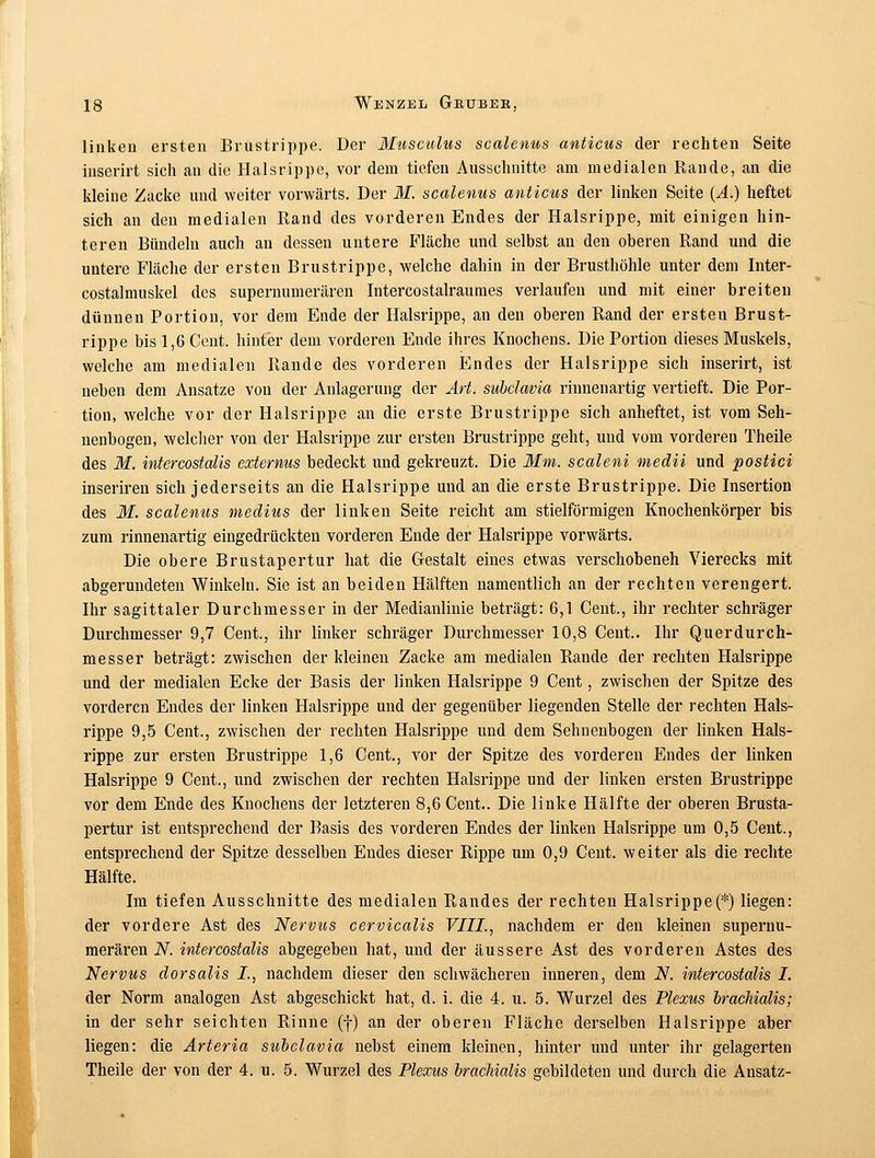 linken ersten Brustrippe. Der Musculus scalenus anticus der rechten Seite inserirt sich an die Halsrippe, vor dem tiefen Ausschnitte am medialen Rande, an die kleine Zacke und weiter vorwärts. Der M. scalenus anticus der linken Seite (A.) heftet sich an den medialen Rand des vorderen Endes der Halsrippe, mit einigen hin- teren Bündeln auch an dessen untere Fläche und selbst an den oberen Rand und die untere Fläche der ersten Brustrippe, welche dahin in der Brusthöhle unter dem Inter- costalmuskel des supernumerären Intercostalraumes verlaufen und mit einer breiten dünnen Portion, vor dem Ende der Halsrippe, an den oberen Rand der ersten Brust- rippe bis 1,6 Cent, hinter dem vorderen Ende ihres Knochens. Die Portion dieses Muskels, welche am medialen Rande des vorderen Endes der Halsrippe sich inserirt, ist neben dem Ansätze von der Anlagerung der Art. subclavia rinnenartig vertieft. Die Por- tion, welche vor der Halsrippe an die erste Brustrippe sich anheftet, ist vom Seh- nenbogen, welcher von der Halsrippe zur ersten Brustrippe geht, und vom vorderen Theile des M. intercostalis externus bedeckt und gekreuzt. Die Mm. scaleni medii und postici inseriren sich jederseits an die Halsrippe und an die erste Brustrippe. Die Insertion des M. scalenus medius der linken Seite reicht am stielförmigen Knochenkörper bis zum rinnenartig eingedrückten vorderen Ende der Halsrippe vorwärts. Die obere Brustapertur hat die Gestalt eines etwas verschobeneh Vierecks mit abgerundeten Winkeln. Sie ist an beiden Hälften namentlich an der rechten verengert. Ihr sagittaler Durchmesser in der Medianlinie beträgt: 6,1 Cent., ihr rechter schräger Durchmesser 9,7 Cent., ihr linker schräger Durchmesser 10,8 Cent.. Ihr Querdurch- messer beträgt: zwischen der kleinen Zacke am medialen Rande der rechten Halsrippe und der medialen Ecke der Basis der linken Halsrippe 9 Cent, zwischen der Spitze des vorderen Endes der linken Halsrippe und der gegenüber liegenden Stelle der rechten Hals- rippe 9,5 Cent., zwischen der rechten Halsrippe und dem Sehnenbogen der linken Hals- rippe zur ersten Brustrippe 1,6 Cent., vor der Spitze des vorderen Endes der linken Halsrippe 9 Cent., und zwischen der rechten Halsrippe und der linken ersten Brustrippe vor dem Ende des Knochens der letzteren 8,6 Cent.. Die linke Hälfte der oberen Brusta- pertur ist entsprechend der Basis des vorderen Endes der linken Halsrippe um 0,5 Cent., entsprechend der Spitze desselben Endes dieser Rippe um 0,9 Cent, weiter als die rechte Hälfte. Im tiefen Ausschnitte des medialen Randes der rechten Halsrippe(*) liegen: der vordere Ast des Nervus cervicalis VIII., nachdem er den kleinen supernu- merären N intercostalis abgegeben hat, und der äussere Ast des vorderen Astes des Nervus dorsalis L, nachdem dieser den schwächeren inneren, dem N. intercostalis I. der Norm analogen Ast abgeschickt hat, d. i. die 4. u. 5. Wurzel des Plexus brachialis; in der sehr seichten Rinne (f) an der oberen Fläche derselben Halsrippe aber liegen: die Arteria subclavia nebst einem kleinen, hinter und unter ihr gelagerten Theile der von der 4. u. 5. Wurzel des Plexus brachialis gebildeten und durch die Ansatz-