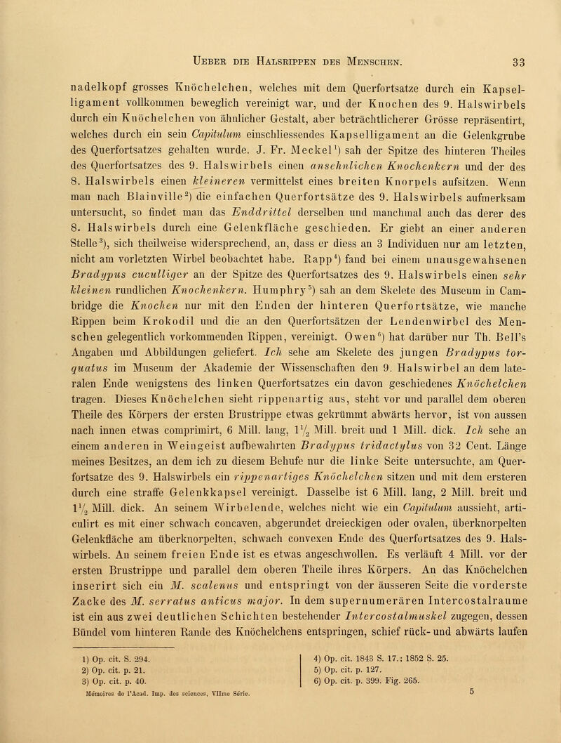 nadelkopf grosses Knöchelchen, welches mit dem Querfortsatze durch ein Kapsel- ligament vollkommen beweglich vereinigt war, und der Knochen des 9. Halswirbels durch ein Knöchelchen von ähnlicher Gestalt, aber beträchtlicherer Grösse repräsentirt, welches durch ein sein Capitulum einschliessendes Kapselligament an die Gelenkgrube des Querfortsatzes gehalten wurde. J. Fr. Meckel1) sah der Spitze des hinteren Theiles des Querfortsatzes des 9. Halswirbels einen ansehnlichen Knochenkern und der des 8. Halswirbels einen kleineren vermittelst eines breiten Knorpels aufsitzen. Wenn man nach Blainville2) die einfachen Querfortsätze des 9. Halswirbels aufmerksam untersucht, so findet man das Enddrittel derselben und manchmal auch das derer des 8. Halswirbels durch eine Gelenkfläche geschieden. Er giebt an einer anderen Stelle3), sich theilweise widersprechend, an, dass er diess an 3 Individuen nur am letzten, nicht am vorletzten Wirbel beobachtet habe. Rapp4) fand bei einem unausgewahsenen Bradypus cuculliger an der Spitze des Querfortsatzes des 9. Halswirbels einen sehr kleinen rundlichen Knochenkern. Humphry5) sah an dem Skelete des Museum in Cam- bridge die Knochen nur mit den Enden der hinteren Querfortsätze, wie manche Rippen beim Krokodil und die an den Querfortsätzen der Lendenwirbel des Men- schen gelegentlich vorkommenden Rippen, vereinigt. Owen6) hat darüber nur Th. BelPs Angaben und Abbildungen geliefert. Ich sehe am Skelete des jungen Bradypus tor- quatus im Museum der Akademie der Wissenschaften den 9. Halswirbel an dem late- ralen Ende wenigstens des linken Querfortsatzes ein davon geschiedenes Knöchelchen tragen. Dieses Knöchelchen sieht rippenartig aus, steht vor und parallel dem oberen Theile des Körpers der ersten Brustrippe etwas gekrümmt abwärts hervor, ist von aussen nach innen etwas comprimirt, 6 Mill. lang, 1% Mill. breit und 1 Mill. dick. Ich sehe an einem anderen in Weingeist aufbewahrten Bradypus tridactylus von 32 Cent. Länge meines Besitzes, an dem ich zu diesem Behufe nur die linke Seite untersuchte, am Quer- fortsatze des 9. Halswirbels ein rippenartiges Knöchelchen sitzen und mit dem ersteren durch eine straffe Gelenkkapsel vereinigt. Dasselbe ist 6 Mill. lang, 2 Mill. breit und 1V2 Mill. dick. An seinem Wirbelende, welches nicht wie ein Capitulum aussieht, arti- culirt es mit einer schwach concaven, abgerundet dreieckigen oder ovalen, überknorpelten Gelenkfläche am überknorpelten, schwach convexen Ende des Querfortsatzes des 9. Hals- wirbels. An seinem freien Ende ist es etwas angeschwollen. Es verläuft 4 Mill. vor der ersten Brustrippe und parallel dem oberen Theile ihres Körpers. An das Knöchelchen inserirt sich ein M. scalenus und entspringt von der äusseren Seite die vorderste Zacke des M. serratus anticus major. In dem supernumerären Intercostalraume ist ein aus zwei deutlichen Schichten bestehender Intercostalmuskel zugegen, dessen Bündel vom hinteren Rande des Knöchelchens entspringen, schief rück- und abwärts laufen 1) Op. cit. S. 294. 2) Op. cit. p. 21. 3) Op. cit. p. 40. Memoires de l'Acad. Imp. des : 4) Op. cit. 1843 S. 17.; 1852 5) Op. cit. p. 127. 6) Op. cit. p. 399. Fig. 265.