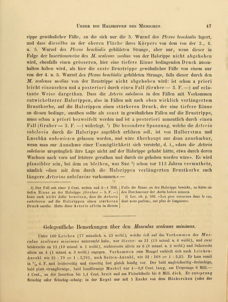 rippe gewöhnlicher Fälle, an die sich nur die 5. Wurzel des Plextis brachialis lagert, und dass dieselbe an der oberen Fläche ihres Körpers von dem von der 3., 4. u. 5. Wurzel des Plexus brachialis gebildeten Strange, aber nur, wenn dieser in Folge der Insertionsweise des M. scalenus medius von der Halsrippe nicht abgehoben wird, ebenfalls einen grösseren, hier eine tiefere Rinne bedingenden Druck auszu- halten haben wird, als hier die erste Brustrippe gewöhnlicher Fälle von einem nur von der 4. u. 5. Wurzel des Plexus brachialis gebildeten Strange, falls dieser durch den M. scalenus medius von der Brustrippe nicht abgehoben wird: ist schon a priori leicht einzusehen und a posteriori durch einen Fall (Gruber— 3. F.—) auf ecla- tante Weise dargethan. Dass die Arteria subclavia in den Fällen mit Vorkommen entwickelterer Halsrippen, also in Fällen mit nach oben wirklich verlängertem Brustkorbe, auf die Halsrippen einen stärkeren Druck, der eine tiefere Rinne an diesen bedinge, ausüben sollte als sonst in gewöhnlichen Fällen auf die Brustrippe, muss schon a priori bezweifelt werden und ist a posteriori namentlich durch einen Fall (Gruber— 3. F. —) widerlegt. l) Die besondere Spannung, welche die Arteria subclavia durch die Halsrippe angeblich erfahren soll, ist von Halberstma und Luschka unbewiesen gelassen worden, und wäre überhaupt nur dann annehmbar, wenn man zur Annahme einer Unmöglichkeit sich versteht, d. i., «dass die Arteria subclavia ursprünglich ihre Lage nicht auf der Halsrippe gehabt hätte, etwa durch deren Wachsen nach vorn auf letztere gerathen und durch sie gehoben worden wäre». Es wird plausibler sein, bei dem zu bleiben, was Sue 2) schon vor 113 Jahren vermuthete, nämlich «dass mit dem durch die Halsrippen verlängerten Brustkorbe auch längere Arteriae subclaviae vorkommen.» — 1) Der Fall mit einer 2 Cent, weiten und 2—4 Mill. tiefen Rinne an der Halsrippe (Gruber — 5. F. —) kann auch nicht dafür beweisen, dass die Arteria subclavia auf die Halsrippen einen stärkeren Druck ausübe. Hätte diese Arterie allein in diesem Falle die Rinne an der Halsrippe bewirkt, so hätte sie den Durchmesser der Aorta haben müssen. 2) Loa cit. p. 585. «Les gros vaisseaux dans Ie cas, dont nous parlons, ont plus de longueur». Gelegentliche Bemerkungen über den Musculus scalenus minimus. Unter 100 Leichen (77 männlich, u. 23 weibl.), welche ich auf das Vorkommen des Mus- culus scalenus minimus untersucht habe, war dieser: an 21 (15 männl. u. 6 weibl.), und zwar beiderseits an 11 (10 männl. u. 1 weibl.), rechterseits allein an 6 (4 männl. u. 2 weibl.) und linkerseits allein an 4 (1 männl. u. 3 weibl.) zugegen. Vorkommen zum Mangel verhielt sich nach Leichen- Anzahl wie 21 : 79 = 1 : 3,761, nach Seiten-Anzahl, wie 32 : 168 = 1 : 5,25. Er kam somit in y5 d. F. und beiderseitig und einseitig fast gleich häufig vor. Der bald ungleichseitig-dreieckige, bald platt-strangförmige, bald bandförmige Muskel war 4—8,8 Cent, lang, am Ursprünge 6 Mill.— 4 Cent., an der Insertion bis 1,4 Cent, breit und am Fleischtheile bis 8 Mill. dick. Er entsprang fleischig oder fleischig-sehnig: in der Regel nur mit 1 Zacke von dem Höckerchen (oder der
