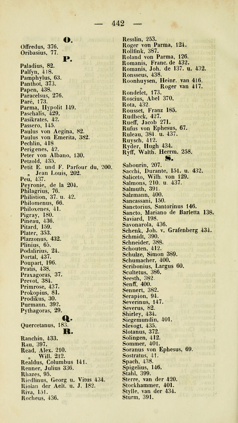 O. Offredus, 376. Oribasius, 77. P. Paladius, 82. Palfyn, 418. Pamphylus, 63. Panthot, 373. Papen, 438. Paracelsus, 276. Pare, 173. Parma, Hypolit 149. Paschalis, 429. Pasikrates, 42. Passero, 145. Paulus von Aegina, 82. Paulus von Emerita, 382. Pechlin, 418 Perigenes, 42. Peter von Albano, 130. Petzold, 435. Petit E. und F. Parfour du, 200. „ Jean Louis, 202. Peu, 437. Peyronie, de la 204, Philagrius, 76. Philistion, 37. u. 42. Philoraenus, 66. Philoxenes, 41. Pigray, 180. Pineau, 436. Pitard, 159. Plater, 353. Plazzonus, 432. Phnius, 65. Podalirius, 24. Portal, 437. Poupart, 196. Pratis, 438. Praxagoras, 37. Prevot, 384. Primrose, 437. Prokopius, 81. Prodikus, 30. Purmann, 392. Pythagoras, 29. Quercetanus, 183. Ranchin, 433. Rau, 397. Read, Alex. 210. „ Will. 212. Realdus, Columbus 141. Renner, Julius 336. Rhazes, 95. Riodlinus, Georg u. Vitus 434. Riolaii der Aelt, u. J. 182, Riva, 151. Rocheus, 436, Resslin, 253. Roger von Parma, 124. Rollfink, 387. Roland von Parma, 126. Romanis, Franc, de 432. Romanis, Joh. de 137. u. 432. Ronsseus, 438. Roonhuysen, Heinr. van 416. „ Roger van 417. Rondelet, 173. Roscius, Abel 370, Rota, 432. Rousset, Franz 185, Rudbeck, 427. Rueff, Jacob 271, Rufus von Ephesus, 67. Ruleau, 384. u. 437. Ruysch, 412. Ryder, Hugh 434. Ryff, Walth. Herrm, 258. Sabourin, 207. Sacchi, Durante, 151. u. 432, Saliceto, Wilh. von 129. Salmons, 210. u. 437. Salmuth, 391. Salzmann, 400. Sancassani, 150. Sanctorius, Santorinus 146. Sancto, Mariano de ßarletta 138, Saviard, 198. Savonarola, 436. Schenk, Joh. v. Grafenberg 434. Schmidt, 390. Schneider, 388. Schonten, 412. Schulze, Simon 389. Schumacher, 400. Scribonius, Largus 60. Scultetus, 386. Seesth, 382. Senff, 400. Sennert, 382. Serapion, 94. Severinus, 147. Severus, 82. Shirley, 434. Siegemundin, 401. Slevogt, 435. Slotanus, 372. Solingen, 412. Sommer, 401. Soranus von Ephesus, 69. Sostratus, 41. Spach, 438. Spigelius, 146. Stahl, 399. Sterre, van der 420. Stockhammer, 401. Stylle, van der 434. Sturm, 391.