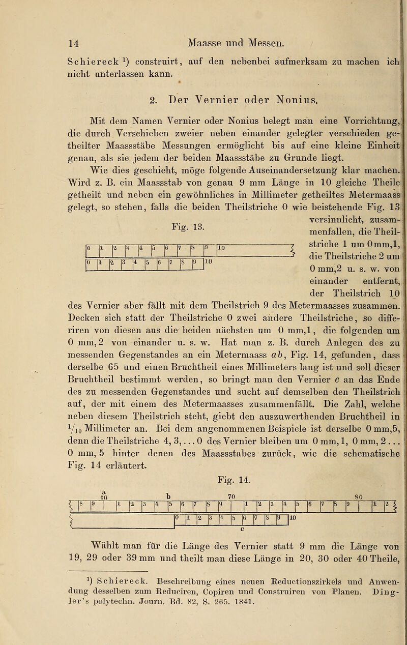 1 IS 19 nio 14 Maasse und Messen. Schiereck ^) construirt, auf den nebenbei aufmerksam zu machen ich nicht unterlassen kann. 2. Der Vernier oder Nonius. Mit dem Namen Vernier oder Nonius belegt man eine Vorrichtung, die durch Verschieben zweier neben einander gelegter verschieden ge- theilter Maassstäbe Messungen ermöglicht bis auf eine kleine Einheit genau, als sie jedem der beiden Maassstäbe zu Grunde liegt. Wie dies geschieht, möge folgende Axiseinandersetzung klar machen. Wird z. B. ein Maassstab von genau 9 mm Länge in 10 gleiche Theile getheilt und neben ein gewöhnliches in Millimeter getheiltes Metermaass gelegt, so stehen, falls die beiden Theilstriche 0 wie beistehende Fig. 13 versinidicht, zusam- °' ' menfallen, die Theil- striche 1 um Omm,l, die Theilstriche 2 um 0 mm,2 u. s. w. von einander entfernt, der Theilstrich 10 des Vernier aber fällt mit dem Theilstrich 9 des Metermaasses zusammen. Decken sich statt der Theilstriche 0 zwei aiidere Theilstriche, so diflPe- riren von diesen aus die beiden nächsten um 0 mm,l, die folgenden um 0 mm, 2 von einander u. s. w. Hat maiU z. B. durch Anlegen des zu messenden Gegenstandes an ein Metermaass ah, Fig. 14, gefunden, dass derselbe 65 und einen Bruchtheil eines Millimeters lang ist und soll dieser Bruchtheil bestimmt werden, so bringt man den Vernier c an das Ende des zu messenden Gegenstandes und sucht auf demselben den Theilstrich auf, der mit einem des Metermaasses zusammenfällt. Die Zahl, welche neben diesem Theilstrich steht, giebt den auszuwerthenden Bruchtheil in Yio Millimeter an. Bei dem angenommenen Beispiele ist derselbe 0 mm,5, denn die Theilstriche 4, 3,... 0 des Vernier bleiben um 0 mm, 1, 0 mm, 2 ... 0 mm, 5 hinter denen des Maassstabes zurück, wie die schematische s Fig. 14 erläutert. Fig. 14. no t 70 80 < 18 p I p l2~np ffi [5 [6 [7 [S 19 1 U [ä [3 R l5 [6 p |8 p j H. |2~3 0 11 12 13 Wählt man für die Länge des Vernier statt 9 mm die Länge von 19, 29 oder 39 mm und theilt man diese Länge in 20, 30 oder 40 Theile, ^) Schier eck. Beschreibung eines neuen Eeductionszirkels und Anwen- dung desselben zum Reduciren, Copiren und Construiren von Pianeu. Ding- ler's polytechn, Jouru. Bd. 82, S. 265. 1841.