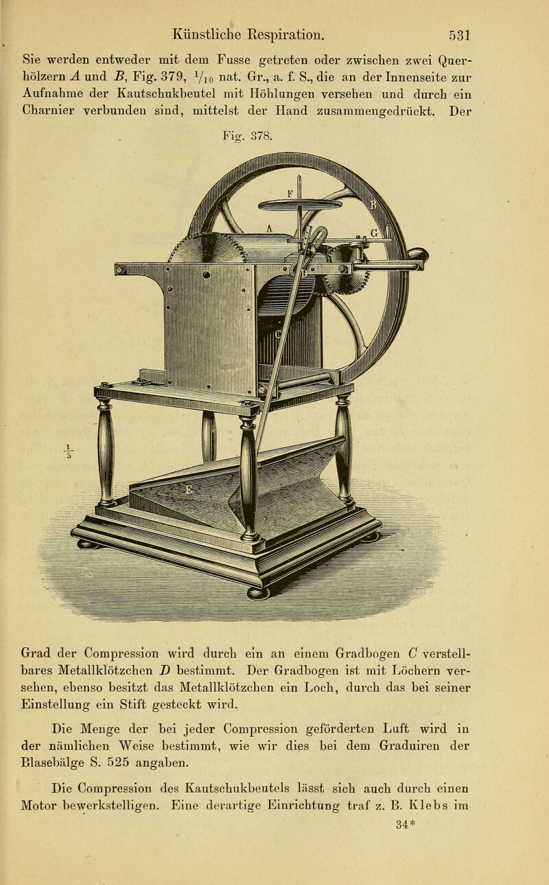 Sie werden entweder mit dem Fusse getreten oder zwischen zwei Quer- hölzern Ä und B, Fig. 379, Yio uat. Gr., a. f. S., die an der Innenseite zur Aufnahme der Kautschukheutel mit Höhlungen versehen und durch ein Charnier verbunden sind, mittelst der Hand zxisammengedrückt. Der Figr. 378. Grad der ComjDression wird durch ein an einem Gradbogen C verstell- bares Metallklötzchen D bestimmt. Der Gradbogen ist mit Löchern ver- sehen, ebenso besitzt das Metallklötzchen ein Loch, durch das bei seiner Einstellung ein Stift gesteckt wird. Die Menge der bei jeder Compression geförderten Luft wird in der nämlichen Weise bestimmt, wie wir dies bei dem Graduiren der Blasebälge S. 525 angaben. Die Compression des Kautschukbeutels lässt sich auch durch einen Motor bewerkstelligen. Eine derartige Einrichtung traf z. B. Klebs im 34*