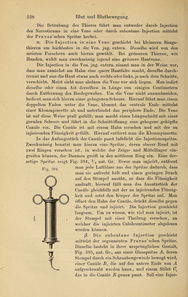 Die Betäubung des Thieres führt man entweder durch Injection des Narcoticums in eine Vene oder durch subcutane Injection mittelst der Pravaz'schen Spritze herbei. a. Die Injection in eine Vene geschieht bei kleineren Säuge- thieren am leichtesten in die Ven. jug. extern. Dieselbe wird von den meisten Forschern auch hierzu gewählt. Bei grösseren Thieren, wie Hunden, wählt man zweckmässig irgend eine grössere Hautvene, Die Injection in die Ven. jug. extern, nimmt man in der Weise vor, dass man zunächst am Halse eine quere Hautfalte macht, dieselbe durch- trennt und nun die Haut etwas nach rechts oder links, je nach dem Schnitte, verschiebt. Meist sieht man alsdann die Vene vor sich liegen. Man isolirt dieselbe oder einen Ast derselben in Länge von einigen Centimetern durch Entfernung des Bindegewebes. Um die Vene nicht anzuschneiden, bedient man sich hierzu einer gebogenen Scheere. Hierauf führt man einen doppelten Faden unter die Vene, klemmt das centrale Ende mittelst einer Klemmpincette ab und unterbindet das periphere Ende. Die Vene ist auf diese Weise prall gefüllt; man macht einen Längsschnitt mit einer geraden Scheere und führt in die Schnittöffnung eine gebogene geköpfte Canüle ein. Die Canüle ist mit einem Hahn versehen und mit der zu injicirenden Flüssigkeit gefüllt. Hierauf entfernt man die Klemmpincette. In das Anfangsstück der Canüle passt luftdicht die Injectionsspritze. Zweckmässig benutzt man hierzu eine Spritze, deren oberer ßand mit zwei Ringen versehen ist, in welche der Zeige- und Mittelfinger ein- greifen können, der Daumen greift in den mittleren Ring ein. Eine der- Je Spritze zeigt Fig. 384, Y^ ii^-t- Grr. Bevor man injicirt, entfernt' Ym. 384. man jede Luftblase aus der Spritze dadurch, dass man sie aufrecht hält und einen geringen Druck auf den Stempel ausübt, so dass die Flüssigkeit ausläuft; hierauf füllt man das Ansatzstück der Canüle gleichfalls mit der zu injicirenden Flüssig- keit und setzt den Körper der Spritze auf. Man öffnet den Hahn der Canüle, drückt dieselbe gegen die Spritze und injicirt. Die Injection geschieht langsam. Um zu wissen, wie viel man injicirt, ist der Stempel mit einer Theilung versehen, an welcher die injicirten Cubikcentimeter abgelesen werden können. /3. Die subcutane Injection geschieht mittelst der sogenannten Pravaz'schen Spritze. Dieselbe besteht in ihrer ursprünglichen Gestalt, Fig. 385, nat. Gr., aus einer Glasspritze A, deren Stempel durch ein Schraubengewinde bewegt wird, einer Canüle B^ die auf das untere Ende von A aufgeschraubt werden kann, und einem Stilet C, das in die Canüle B genau passt. Soll eine Injec-