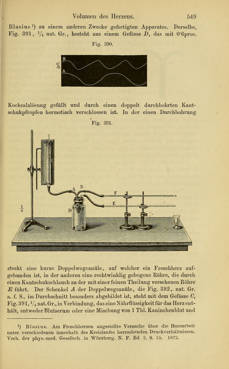 Blasius 1) zu einem anderen Zwecke gefertigten Apparates. Dex-selbe, Fig. 391, V4 ^^t- Grr., besteht aus einem Gefässe D, das mit 06proc. Fiff. 390. r Kochsalzlösung gefüllt und durch einen doppelt durchbohrten Kaut- schukpfropfen hermetisch verschlossen ist. In der einen Durchbohrung Fig. 391. steckt eine kurze Doppelwegcanüle, auf welcher ein Froschherz auf- gebunden ist, in der anderen eine rechtwinklig gebogene Röhre, die durch einen Kautschukschlauch zu der mit einer feinen Theilung versehenen Röhrö E führt. Der Schenkel A der Doppelwegcanüle, die Fig. 392,. nat. Gr. a. f. S., im Durchschnitt besonders abgebildet ist, steht mit dem Gefässe (7, Fig. 391,1/4 nat, Gr., in Verbindung, das eine Nährflüssigkeit für das Herz ent- hält, entweder Blutserum oder eine Mischung von 1 Thl. Kaninchenblut und 1) Blasius. Am Proschherzen angestellte Versuche über die Herzarbeit unter verschiedenen innerhalb des Kreislaufes herrschenden Druokverhältnisseu. Verh. der phys.-med. Gesellsch. in Würzburg. N. F. Bd. 2, S. 55. 1872.