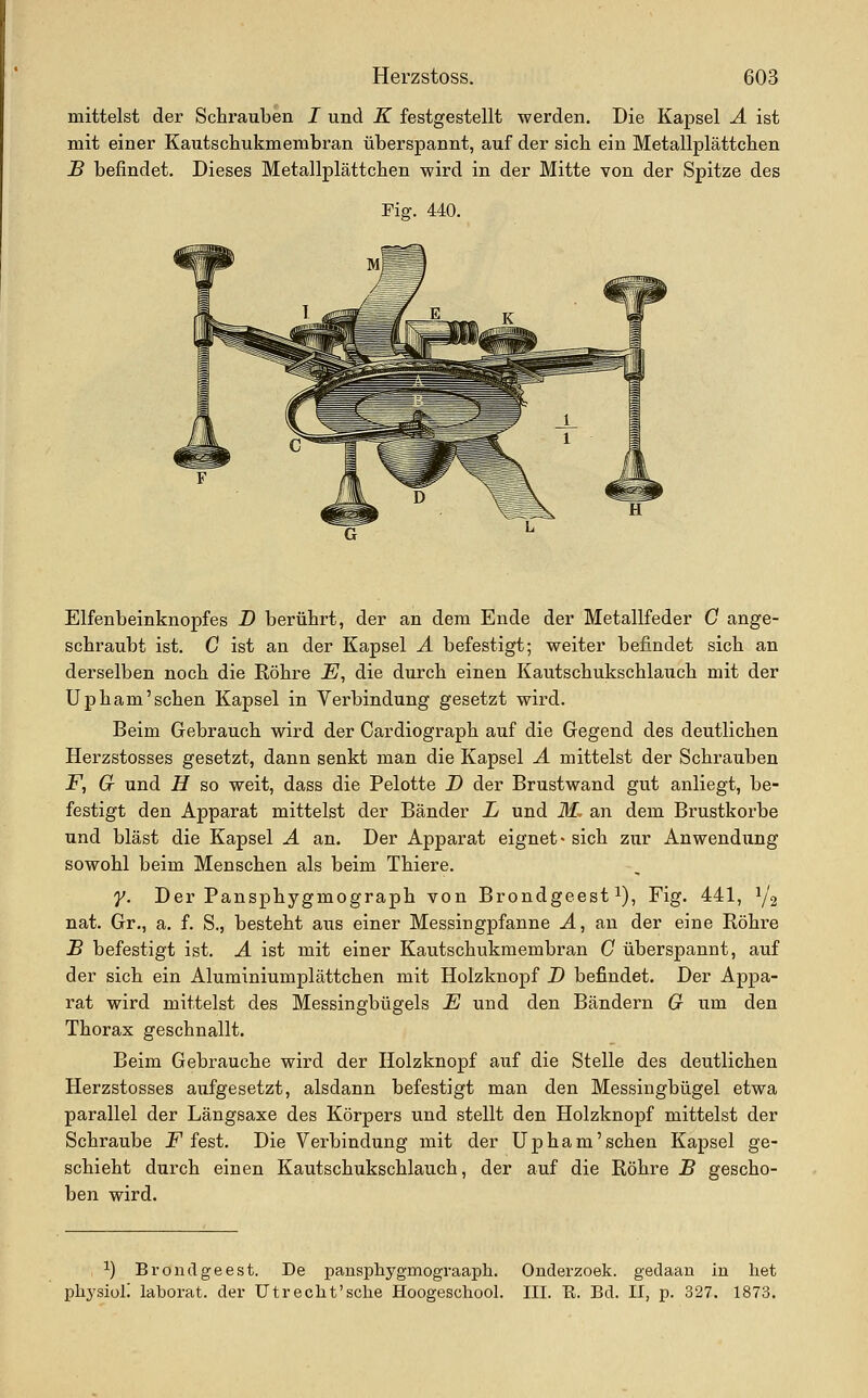 mittelst der Schrauben I und K festgestellt werden. Die Kapsel A ist mit einer Kautschukmembran überspannt, auf der sich ein Metallplättchen B befindet. Dieses Metallplättchen wird in der Mitte von der Spitze des Fig. 440. Elfenbeinknopfes D berührt, der an dem Ende der Metallfeder C ange- schraubt ist. C ist an der Kapsel A befestigt; weiter befindet sich an derselben noch die Röhre JE, die durch einen Kautschukschlauch mit der üpham'sehen Kapsel in Verbindung gesetzt wird. Beim Gebrauch wird der Cardiograph auf die Gegend des deutlichen Herzstosses gesetzt, dann senkt man die Kapsel A mittelst der Schrauben F, G und H so weit, dass die Pelotte D der Brustwand gut anliegt, be- festigt den Apparat mittelst der Bänder L und 31: an dem Brustkorbe und bläst die Kapsel A an. Der Apparat eignet • sich zur Anwendung sowohl beim Menschen als beim Thiere, y. Der Pansphygmograph von Brondgeest i), Fig. 441, 1/2 nat. Gr., a. f. S., besteht aus einer Messingpfanne A, au der eine Röhre B befestigt ist. A ist mit einer Kautschukmembran C überspannt, auf der sich ein Aluminiumplättchen mit Holzknopf D befindet. Der Appa- rat wird mittelst des Messingbügels E und den Bändern G um den Thorax geschnallt. Beim Gebrauche wird der Holzknopf auf die Stelle des deutlichen Herzstosses aufgesetzt, alsdann befestigt man den Messingbügel etwa parallel der Längsaxe des Körpers und stellt den Holzknopf mittelst der Schraube i^ fest. Die Verbindung mit der Upham'sehen Kapsel ge- schieht durch einen Kautschukschlauch, der auf die Röhre B gescho- ben wird. ^) Brondgeest. De pansphygmograaph. Onderzoek. gedaau in liet physiüi; laborat. der Utrecht'sche Hoogeschool. III. E. Bd. II, p. 327. 1873.