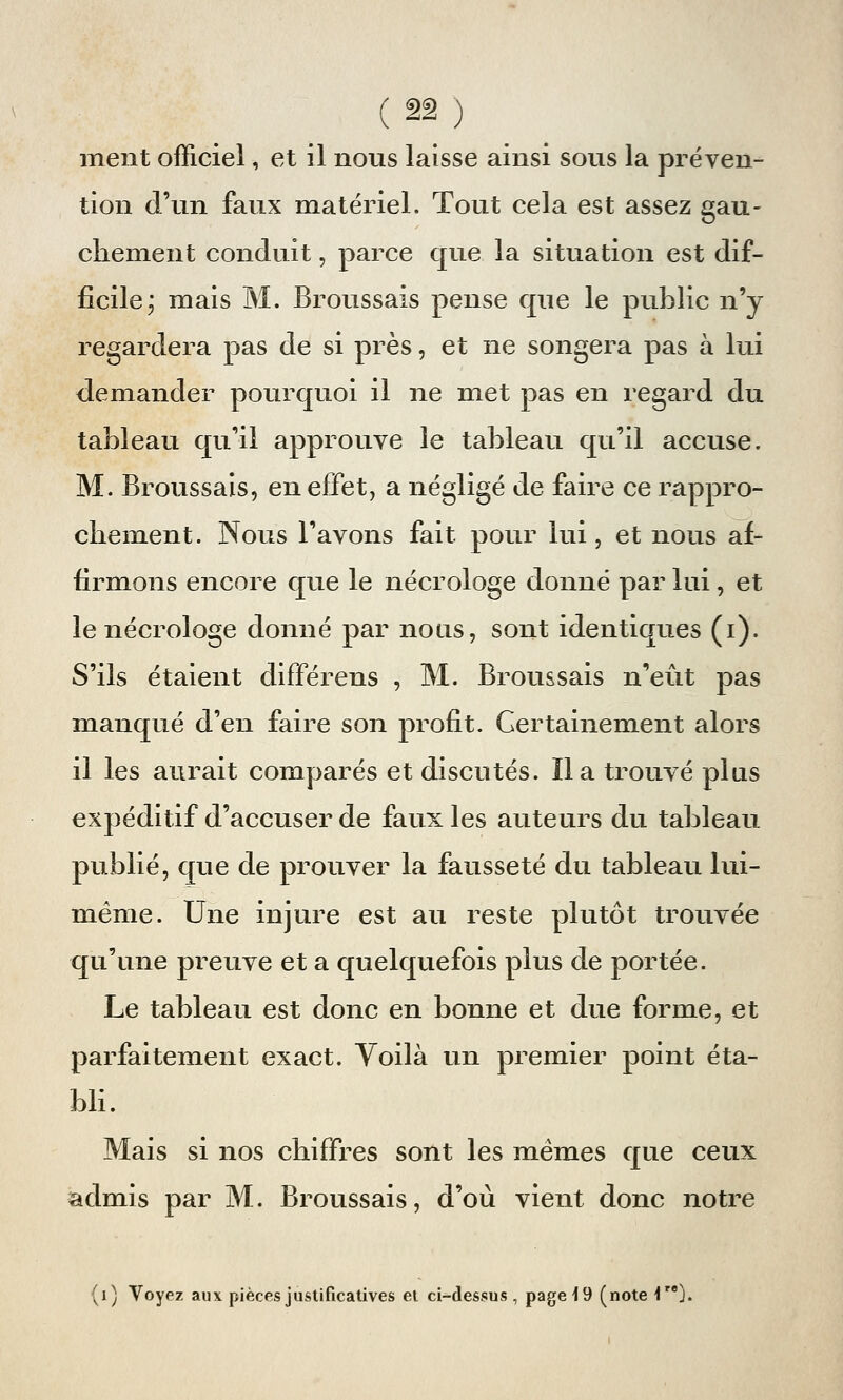 ( ââ ) ment officiel, et il nous laisse ainsi sous la préven- tion d'un faux matériel. Tout cela est assez gau- chement conduit, parce que la situation est dif- ficile; mais M. Broussais pense que le public n'y regardera pas de si près, et ne songera pas à lui demander pourquoi il ne met pas en regard du tableau qu'il approuve le tableau qu'il accuse. M. Broussais, en effet, a négligé de faire ce rappro- chement. Nous l'avons fait pour lui, et nous af- firmons encore que le nécrologe donné par lui, et le nécrologe donné par nous, sont identiques (i). S'ils étaient différens , M. Broussais n'eût pas manqué d'en faire son profit. Certainement alors il les aurait comparés et discutés. lia trouvé plus expéditif d'accuser de faux les auteurs du tableau publié, que de prouver la fausseté du tableau lui- même. Une injure est au reste plutôt trouvée qu'une preuve et a quelquefois plus de portée. Le tableau est donc en bonne et due forme, et parfaitement exact. Voilà un premier point éta- bli. Mais si nos chiffres sont les mêmes que ceux admis par M. Broussais, d'où vient donc notre (i) Voyez aux pièces justificatives et ci-dessus , page 49 (note <r*).