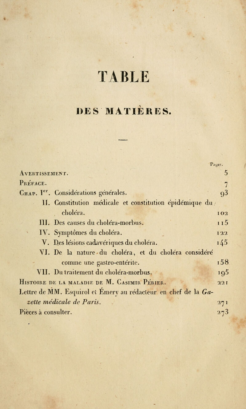 TABLE DES MATIERES. Payer. Avertissement. 5 Préface. 7 Chap. 1er. Considérations générales. 93 II. Constitution médicale et constitution épidémique du , choléra. 102 III. Des causes du choléra-morbus. ii5 IV. Symptômes du choléra. l'i'i V. D.es lésions cadavériques du choléra. 145 VI. De la nature du choléra, et du choléra considéré comme une gastro-entérite. i58 VII. Du traitement du choléra-morbus, 195 Histoire de la maladie de M. Casimir Périer. 221 Lettre de MM. Esquirol et Emery au rédacteur en chef de la Ga- zette médicale de Paris. 27 1 Pièces à consulter. 273