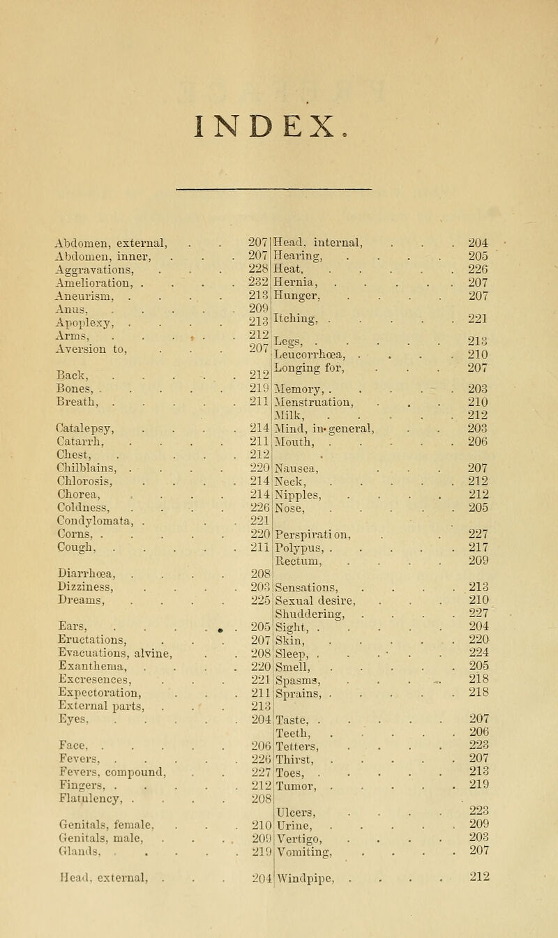 INDEX. Abdomen, external, Abdomen, inner, Aggravations, Amelioration, . Aneurism, Anus, Apoplexy, Arms, Aversion to. Back, Bones, . Breath, . Catalepsy, Catarrh, Chest, Chilblains, . Chlorosis, Chorea, Coldness, Condylomata, . Corns, . Cough, Diarrhoea, Dizziness, Dreams, Ears, Eructations, Evacuations, alvine. Exanthema, Excresences, Expectoration, External parts. Eyes, Face, . Fevers, . Fevers, compound. Fingers, . Flatulency, . Genitals, female. Genitals, male. Glands, . Head, external, . 207 Head, internal 207 Hearing, 228 Heat, 232 Hernia, 213 Hunger, 209 213 Itching, . 212 207 Legs, . Leucorrhoea, . 212 Longing for. 219 211 Memory, . Menstruation, Milk, 214 jMind, in-gener 211 Mouth, r 212 220 Nausea, 214 Neck, 214 226 Nipples, Nose, 221 220 211 Perspiration, Polypus, . Rectum, 208 203 Sensations, 225 Sexual desire, Shuddering, 205 Sight, . 207 Skin, 208 220 Sleep, . Smell, . 221 211 Spasms, Sprains, . 213 204 Taste, . Teeth, . 206 Tetters, 226 Thirst, . 227 Toes, . 212 Tumor, . 208 Ulcers, 210 Urine, 209 219 Vertigo, Vomiting, 204 Windpipe, . 204 205 226 207 207 221 213 210 207 203 210 212 203 206 207 212 212 205 227 217 209 213 210 227 204 220 224 205 218 218 207 206 228 207 213 219 223 209 203 207 212