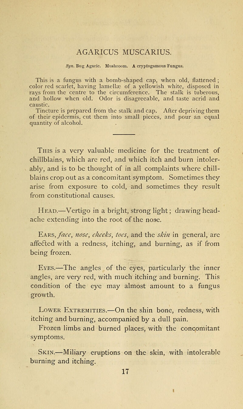 AGARICUS MUSCARIUS. Syn. Bug Agaric. Mushroom. A cryptogamous Fungus. This is a fungus with a bomb-shaped cap, when old, flattened ; color red scarlet, having lamellas of a yellowish white, disposed in rays from the centre to the circumference. The stalk is tuberous, and hollow when old. Odor is disagreeable, and taste acrid and caustic. Tincture is prepared from the stalk and cap. After depriving them of their epidermis, cut them into small pieces, and pour an equal quantity of alcohol. This is a very valuable medicine for the treatment of chillblains, which are red, and which itch and burn intoler- ably, and is to be thought of in all complaints where chill- blains crop out as a concomitant symptom. Sometimes they arise from exposure to cold, and sometimes they result from constitutional causes. Head.—Vertigo in a bright, strong light; drawing head- ache extending into the root of the nose. 'KA.RS,face, nose, cheeks, toes, and the skiJi in general, are affefted with a redness, itching, and burning, as if from being frozen. Eyes.—The angles of the eyes, particularly the inner angles, are very red, with much itching and burning. This condition of the eye may almost amount to a fungus growth. Lower Extremities.—On the shin bone, redness, with itching and burning, accompanied by a dull pain. Frozen limbs and burned places, with the conqomitant symptoms. Skin.—Miliary eruptions on the skin, with intolerable burning and itching,