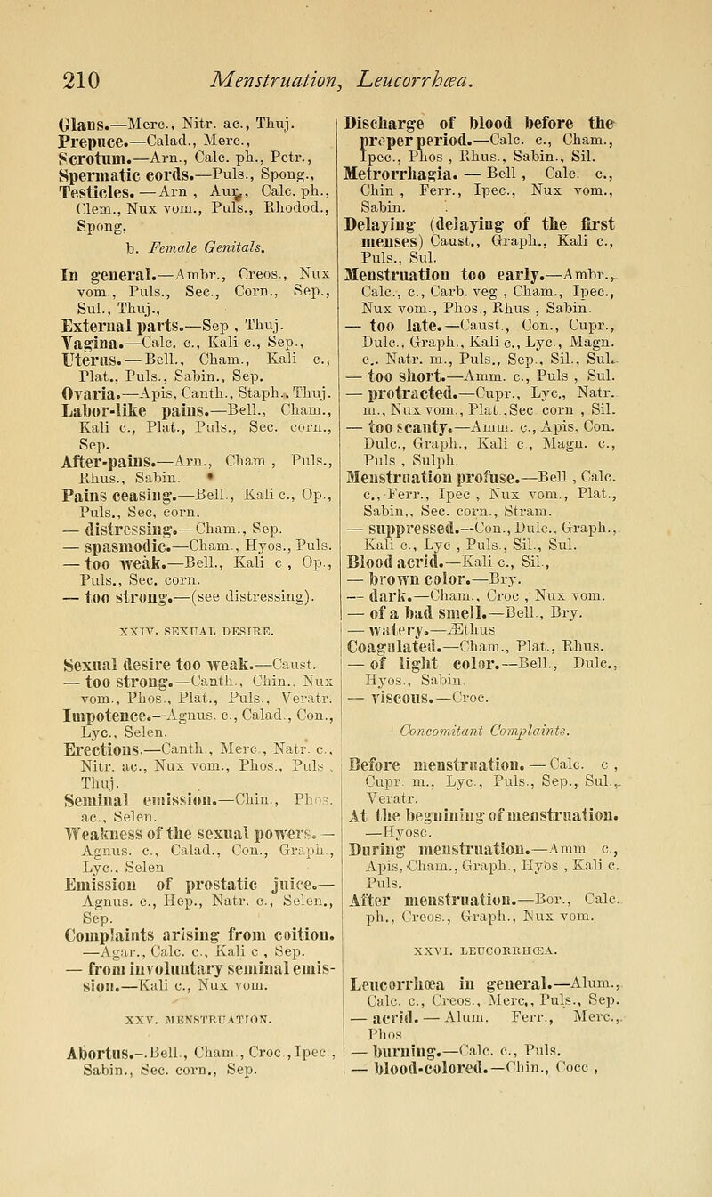 (xlans.—Merc, Nitr. ac, Thuj. Prepuce.—Calad., Merc, Scrotum.—Arn., Calc. ph., Petr., Spermatic cords.—Puis., Spong., Testicles.—Am, Au^, Calc. ph., Clem., Nux vom., Puis., Rhodod., Spong, b. Female Genitals. In general.—Ambr., Creos., Nux vom., Puis., Sec, Corn., Sep., Sul., Thuj., External parts.—Sep , Thuj. Vagina.—Calc. c. Kali c, Sep., Uterus. — Bell., Cham., Kali c, Plat., Puis., Sabin., Sep, Ovaria.—Apis, Canth., Staph.. Thuj. Lai)or-like pains.—Bell., Cham., Kali c. Plat., Puis., Sec. corn., Sep. After-pains.—Am., Cham , Puis., Rhus., Sabin, • Pains ceasing.—Bell., Kalic, Op., Puis., Sec, corn. — distressing.—Cham., Sep. — spasmodic.—Cham-, Hyos.,Puls. — too weak.—Bell., Kali c. Op., Puis., Sec. corn. ~ too strong.—(see distressing). XXIV. SEXUAL DESIRE. Sexual desire too weak.—Caust. — too strong.—Canth., Chin.. Nux vom., Phos., Plat., Puis., Veratr. Impotence.—Agnus, c, Calad., Con., Lye, Selen. Erections.—Canth,, Merc, Natr. c, Nitr. ac, Nux vom., Phos., Puis , Thuj. Seminal emission.—Chin., Phr?. ac, Selen. Weakness of the sexual powers. — Agnus, c, Calad., Con., Graph,, Lye, Selen Emission of prostatic juice.— Agnus, c. Hep., Natr. c, Selen., Sep. Complaints arising from coition. —Agar., Calc. c. Kali c , Sep. — from involuntary seminal emis- sion.—Kali c, Nux vom. XXV. MENSTRUATION. Abortns.-.Bell., Cham , Croc ,Ipec., Sabin., Sec. corn., Sep. Discharge of blood before ther proper period.—Calc c, Cham., Ipec, Phos , Rhus,, Sabin., Sil. Metrorrhagia. — Bell, Calc c. Chin , Ferr., Ipec, Nux vom., Sabin. Delaying (delaying of the first menses) Caust., Graph., Kali c. Puis., Sul. Menstruation too early.—Ambr.,^ Calc, c, Carb. veg , Cham., Ipec, Nux vom., Phos,, Rhus , Sabin. — too late.—Caust., Con., Cupr., Dulc, Graph., Kali c. Lye, Magn. c.. Natr. m.. Puis., Sep., Sil., SuL- — too short.—Amm. c. Puis , Sul. — protracted.—Cupr., Lye, Natr., m., Nux vom., Plat,Sec corn , Sil. — too scanty.—Amm. e, Apis, Con. Dulc, Graish., Kali c , Magn. c. Puis , Sulph. Menstruation profuse.—Bell, Calc c, Ferr., Ipec, Nux vom.. Plat., Sabin,, Sec. corn., Stram. — suppressed.—Con., Dulc. Graph., Kali c. Lye , Puis., Sil., Sul. Blood acrid.—Kali c, Sil., — brown color.—Bry. — dark.—Cham., Croc , Nux vom. — of a bad smell.—Bell., Bry. — watery.—.^Ethus Coagulated.—Cham., Plat., Rhus. — of light color.—Bell., Dulc, Hyos., Sabin. — viscous.—Croc. Ooncomitant ComjAaints. Before menstruation.—Calc c, Gvq)V. m., Lye, Puis., Sep., Sul.^ Veratr. At the begnining of menstruation. —Hyosc. During menstruation.—Amm e, Apis, Cham., Graph., IlyOs , Kali c Puis. After menstruation.—Bor., Calc. ph., Creos., Graph., Nux vom. XXVI. LEUCORRHCEA. Leucorrhoea in general.—Alum., Calc. e, Creos., Merc,, Puis., Sep. — acrid. — Alum. Ferr., Merc,. Phos — burning.—Calc c, Puis. — blood-colored.—Chin., Cocc ,