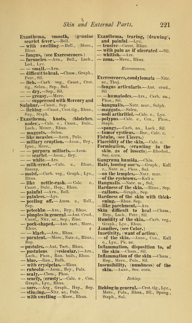 Exanthemaj smooth, (gpiinine scarlet fever).—Bell. — with swelling.—Bell., Merc, Rims. — fungus, (see ExcreseeiMjes-) — furuncles.—Am., Bell., Lach., Led., Lye. small.—Arn, — (lifficuittoheal. —Chans.. Graph., Petr., Sil. — itch.—Carb veg., Caust.., Crot. tig., Selen., Sep., Siil. dry.—Sep., Sil. greasy.—Merc. suppressed with Mercury and Sulphur.—Caust., Sep. — itching.—Caust., Crot.tig., Rhus., Sep., Staph. Exanthema, knots, (blotches, nodes).—Calc. c, Caust,, I)ulc., Lach., Mezer., Rhus. — maggots.—Selen. — like measles.—Aeon., Puis. — miliary eruption,—Aeon., Bry., Ipec, Merc, purpura milioris.—Aeon. scarlet.—Aeon., Bry. Avhite.—Ars. — milk-crast.—Calc -c, Rhus., Sassap. —moist.—Carb. veg., Graph., Lye, Rhus. — like nettle-rash. — Calc. c, Caust., Dulc, Hep,, Rhus. — painftil —Arn., Bell. — painless.—Lye. — peeling oflF.— Amm. c. Bell., Sep. — petecllise.—Ars., Bry., Rhus. — pimples in general.—Ant. Crud., Caust., Nitr. ac, Sep., Zinc. — pock-shaped,—Ant. tart., Merc, Rhus. i black.—Ars., Rhus. — purulent.—Merc, Natr. c, Rhus., Sep. —pustules.—Ant. Tart., Rhus. — pustulous, (vesicular.)—Ars., Lach., Phos., Ran. bulb., Rhus. — blue.—Ran., Bulb. — with erysipelas.—Rhus. — rubeolse.—^Acon., Bry., Puis. — scaly.—Clem., Phos. — scurfy, (crusty).—Calc. c , Con. Graph., Lye, Rhus. — sore.—Arg., Graph., Hep., Sep. — stinging.—Nitr. ac. Puis. — with swelling.—Merc, Rhus. Exanthema, tearing, (drawing^ and painful.—Lye. — tensive—Caust, Rhus. — with pain as if ulcerated —Sil. — whitish.—Ars. — zona.—Merc, Rhus. Excrescences, Excrescences, condylomata —Nitr. ac, Thuj. —fungus articularis.—Ani. crud., Sil hsematodes.—Ars., Carb. an., Phos., Sil. —hangnails.—Natr. mur., Sulph. —ma ggots.—Selen. —nodi arthritici.—Calc c, Lye —polypus.—Calc c. Con., Phos., Staph. —spongy.—Carb. an., Lach., Sil, —tumoricysticus.—Bar., Calc c. Fislulse, (see Ulcers.) riaccidity of the skin.—Calc c Formication, (crawling in the skin, as of insects).—Rhodod., Sec. corn. Gangr£ena humida.—Chin. Hair, loosing one's.—Graph., Kali c, Natr. m., Phos., Sul. —on the temples.—Natr. mur. —of the eyebrows.—Kali c Hangnails.—Natr. m., Sul. Hardness of the skin.—Rhus., Sep. —callous.—Graph., Sep. Hardness of the skin with thick- ening.—Rhus. Sep. —like parchment.—Ars. Skin difficult to heal—Cham., Hep., Lach., Petr., Sil. Humidity of the skin.—Carb. veg., Graph., Lye, Rhus. Jaundice, (see Color.) Inactivity, (want of action). — of the skin.—Anac, Con., Kali c, Lye, Ph. ac. Inflammation, disposition to, of the skin.—Cham., Sil. Inflammation of the skin.—Cham , Hep., Mere. Puis., Sil. Insensibility, (numbness) of the skin.—-Anac, Sec. corn. Itching. Itching in general.—Crot. tig., Lye, Mere, Puis., Rhus., Sil., Spong., Staph., Sul.