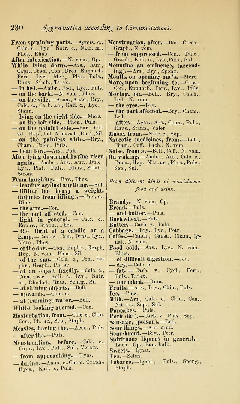 From spvaining parts.—Agnus, c, Calc. c , Lye, Natr. c, Natr. m., Phos.. Rhus. After intoxication.—N. vom., Op. While lying down.—Ars., Aur , Caps., Cham , Con., Dros., Euphorb. Ferr , Lye, Mer, Plat., Puis., Rhus.. Samb., Tarax. — in bed.—Ambr., Jod., Lye, Puis. — on the back.—N. vom., Phos. — on the !>ide.—Aeon., Anac , Bry., Calc. c, Carb. an., Kali, c, Lye, Stann. — lying on the right side.—Mere — on the left side.—Phos., Puis. — on the painful side.—Bar., Cal- ad.. Hep...Jod ,N. mosch.,Ruta.,Sil. — on the painless side.—Bry., Cham., Coloe, Puis. — head low.—Ars., Puis. After lying down and haring risen again.—Ambr , Ars., Aur., Dulc, Lye, Plat., Puis., Rhus., Samb., Stront. From laughing.—Bar., Phos. — leaning against anything.—Sul. — lifting too heavy a weight, (injuries Irom lifting).—Calc. e, Rhus. — the arm.—Con. — the part affected.—Con. — light in general. — Calc. c, Euphr., Graph., Phos. — the light of a candle or a lamp.—Calc. c. Con.,'Bros., Lye, Merc , Phos. — of the day.—Con., Euphr., Graph. Hep., N. vom., Phos., Sil. — of the sun.—Calc. c, Con., Eu- phr., Graph.. Ph. ae — at an object fixedly.—Calc. c, Cina. Croc.', Kali, e, Lye, Natr. m., Rhodod., Ruta., Seneg., Sil. — at shining objects.—Bell. — upAvards.—Calc. c. — at (running) water.—Bell. Whilst looking around.—Con. Masturbation, from.—Calc. e, Chin. Con., Ph. ae, Sep., Staph. Measles, having the.—Aeon., Puis. — after the.—Puis. Menstruation, before.-Calc. e, Cupr., Lye , Puis., Sul., Veratr. — from approaching.—Hyos. during.—Aram, e,Cham.,Graph-, Hyos., Kali, c, Puis. Menstruation, after.—Bor., Creos., Graph., N. vom. — from suppressed.—Con., Dulc, Graph., Kali, c, Lye,Puis., Sul. Mounting an eminence, (ascend- ing).—Ars., Bry., Spong. Mouth, on opening one's.—Merc. Move, upon beginning to.—Caps., Con., Euphorb., Ferr., Lye, Puis. Moving, on.—Bell., Bry., Colch., Led., N. vom. — the eyes.—Bry. — the part affected.—Bry., Cham., Led. — after.—Agar., Ars., Cann., Puis., Rhus., Stann., Valer. Music, from.—Natr. e, Sep. Narcotic medicines, from.—Bell., Cham.. Coff., Laeh., N. vom. Noise, fi'om a.—Bell., Coff., N. vom. On waking.—Ambr., Ars., Calc c, Caust.,Hep., Nitr. ae, Phos.,Puis., Sep., SuL From different kinds of nourishment food and drink. Brandy.—N. vom.. Op. Bread.—Puis. — and butter.—Puis. Buckwlieat. —Puis. Butter.—Carb. v.. Puis. Cabbage.—Bry., Lye, Petr. Coffee.—Canth., Caust., Cham., Ig- nat., N. vom. Food cold.—Ars., Lye, N. vom., Rhus. — of difficult digestion.—Jod. — dry.—Calc. e — fat.— Carb. v., CycL, Ferr., Puis., Tarax. — uncooked.—Ruta. Fruits.—Ars., Bry., Chin., Puis. Ice.—Puis. Milk.—Ars., Calc. e, Chin., Con., Nit. ae, Sep., Sul. Pancakes.—Puis. Pork (fat).—Carb. v.. Puis., Sep. Sausage, (poison).—Bell. Sour thing.*.—Ant. erud. Sour-krout.—Bry., Petr. Spirituous liquors in general.— Laeh., Op., Kan. bulb. Sweets.—Ignat. Tea.—Selen. Tobacco.—Ignat., Puis., Spong., Staph.