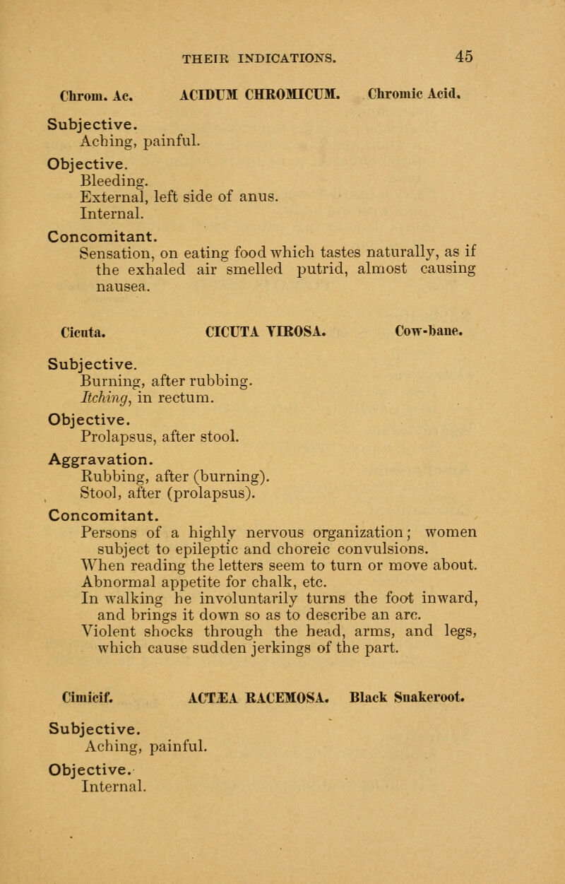 Chrorn. Ac. ACIDUM CHROMICUM. Chromic Acid. Subjective. Aching, painful. Objective. Bleeding. External, left side of anus. Internal. Concomitant. Sensation, on eating food which tastes naturally, as if the exhaled air smelled putrid, almost causing nausea. Cicnta. CICUTA TIROSA. Cow-bane. Subjective. Burning, after rubbing. Itching, in rectum. Objective. Prolapsus, after stool. Aggravation. Rubbing, after (burning). Stool, after (prolapsus). Concomitant. Persons of a highly nervous organization; women subject to epileptic and choreic convulsions. When reading the letters seem to turn or move about. Abnormal appetite for chalk, etc. In walking he involuntarily turns the foot inward, and brings it down so as to describe an arc. Violent shocks through the head, arms, and legs, which cause sudden jerkings of the part. Cimicif. ACMA RACEMOSA. Black Siiakeroot. Subjective. Aching, painful. Objective. Internal.