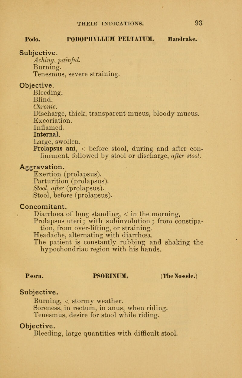 Podo. PODOPHYLLUM PELTATUM. Mandrake. Subjective. Aching, painful. Burning. Tenesmus, severe straining. Objective. Bleeding. Blind. Chro7iic. Discharge, thick, transparent mucus, bloody mucus. Excoriation. Inflamed. Internal. Large, swollen. Prolapsus ani, < before stool, during and after con- finement, followed by stool or discharge, after stool. Aggravation. Exertion (prolapsus). Parturition (prolapsus). Stool, after (prolapsus). Stool, before (prolapsus). Concomitant. Diarrhoea of long standing, < in the morning. Prolapsus uteri; with subinvolution ; from constipa- tion, from over-lifting, or straining. Headache, alternating with diarrhoea. The patient is constantly rubbing and shaking the hypochondriac region with his hands. Psoni. PSORINUM, (TheNosode.) Subjective. Burning, < stormy weather. Soreness, in rectum, in anus, when riding. Tenesmus, desire for stool while riding. Objective. Bleeding, large quantities with difficult stool.